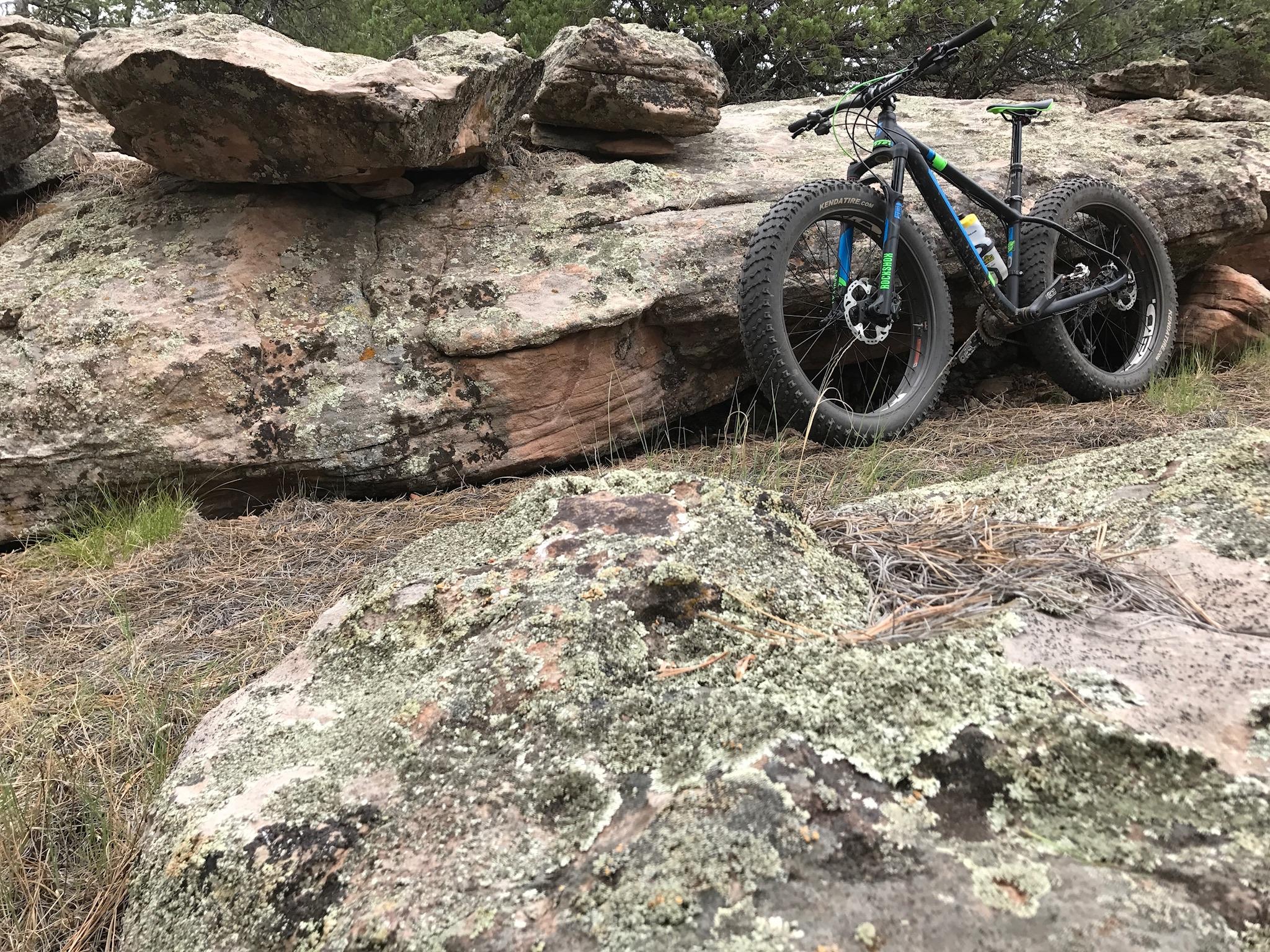 A fat tire bike resting against a large rock formation, surrounded by other boulders and scattered pine needles, set in a natural outdoor environment. Hilso Mountain Bike Trail mountain bike trail.