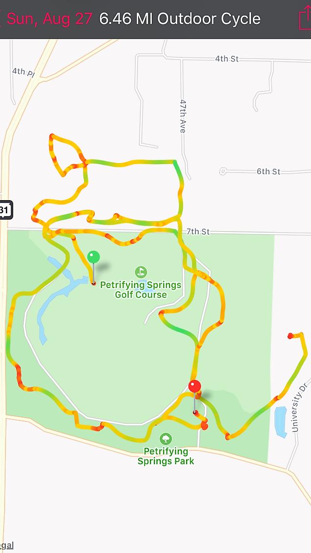 A map displaying a cycling route of 6.46 miles taken outdoors. The route is shown with colorful lines indicating different segments, with red, yellow, and green colors representing varying speeds or intensity. Key locations marked include Petrifying Springs Golf Course and Petrifying Springs Park, with some waterways visible on the map. The date of the cycling activity is August 27. Petrifying Springs mountain bike trail.