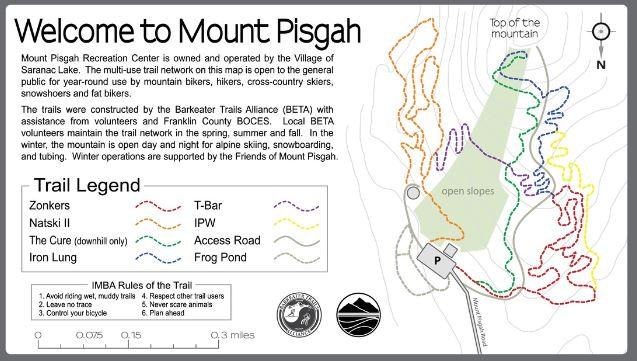 Map depicting the trail network at Mount Pisgah Recreation Center, operated by the Village of Saranac Lake. Includes routes for mountain biking, skiing, and snowboarding, with a legend indicating different trails like Zonkers, Natskii II, and The Cure. Features topographical details, markers for the top of the mountain, and information about the maintenance of the trails. Mount Pisgah Ski Area mountain bike trail.