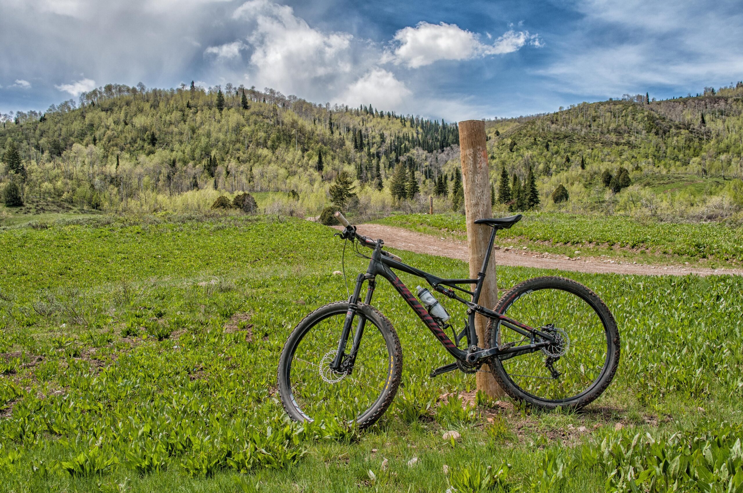 Specialized Epic Comp: A mountain bike leaning against a wooden post in a lush green field, with rolling hills and a blue sky filled with fluffy white clouds in the background.