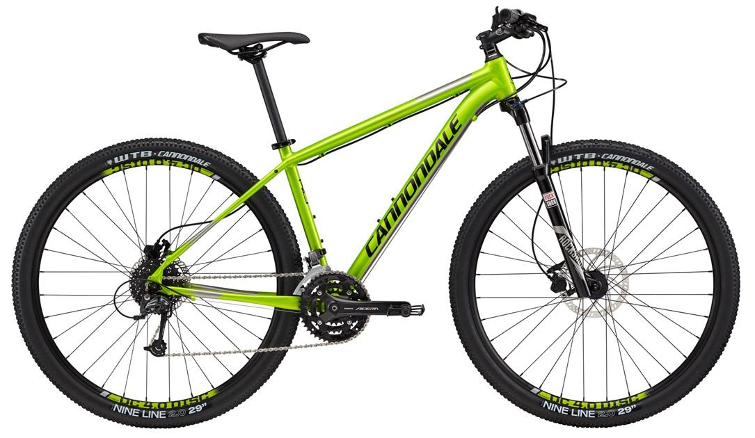 Cannondale Trail 4: A vibrant green mountain bike with a lightweight aluminum frame, featuring thick black tires and disc brakes. The bike has a front suspension fork and a gear shifting mechanism visible on the side.