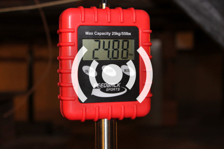 Digital hanging scale displaying a weight of 24.88 lbs, with a maximum capacity of 25 kg (55 lbs). The scale has a bright red casing and features buttons for power, zeroing, and mode adjustments. The background is blurred, indicating an indoor setting.