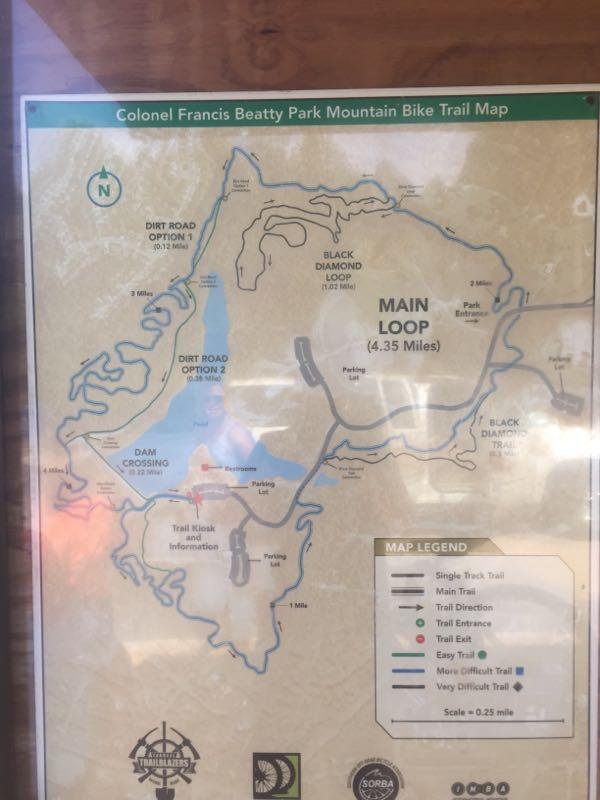 Map of the Colonel Francis Beatty Park mountain bike trails, showing various routes including the 4.35-mile main loop, black diamond trails, and options for dirt roads. The map includes trail entrances, exits, a legend indicating difficulty levels, and locations for parking and facilities. Colonel Francis Beatty Park mountain bike trail.