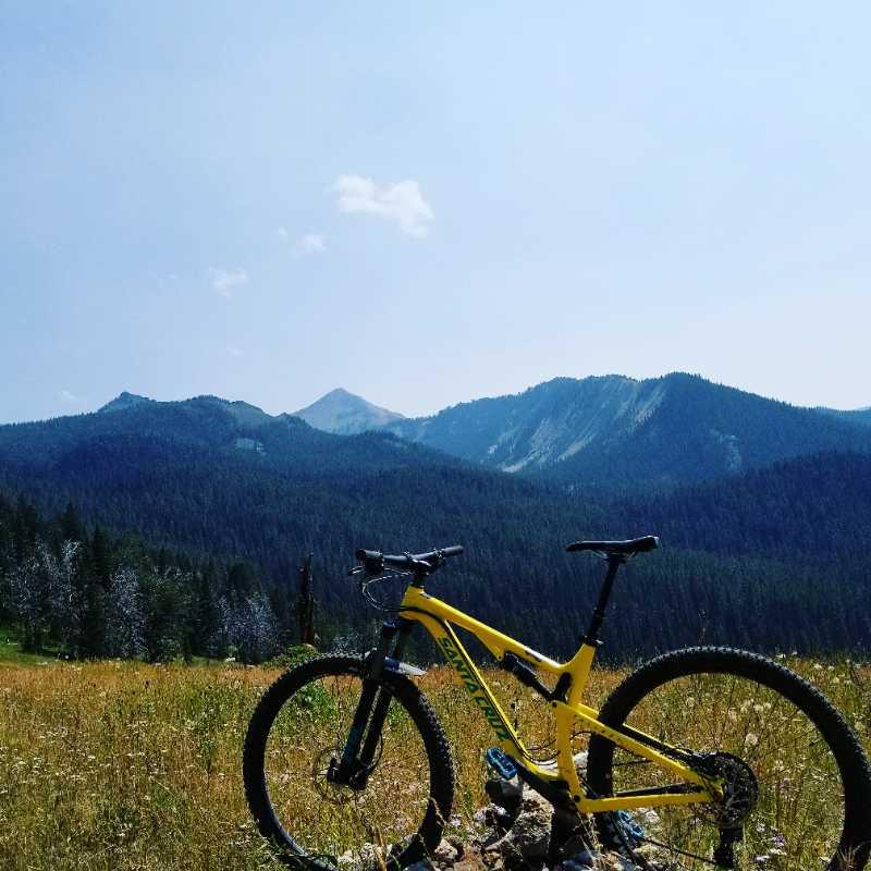A bright yellow mountain bike rests on a rock in a grassy meadow, with a backdrop of rolling mountains under a clear blue sky. Tall trees fill the valley below, creating a scenic outdoor setting. History Rock mountain bike trail.