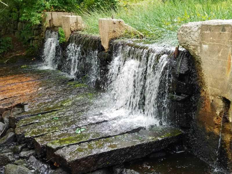 A small waterfall cascading over stone steps into a tranquil stream, surrounded by lush greenery. Big River mountain bike trail.