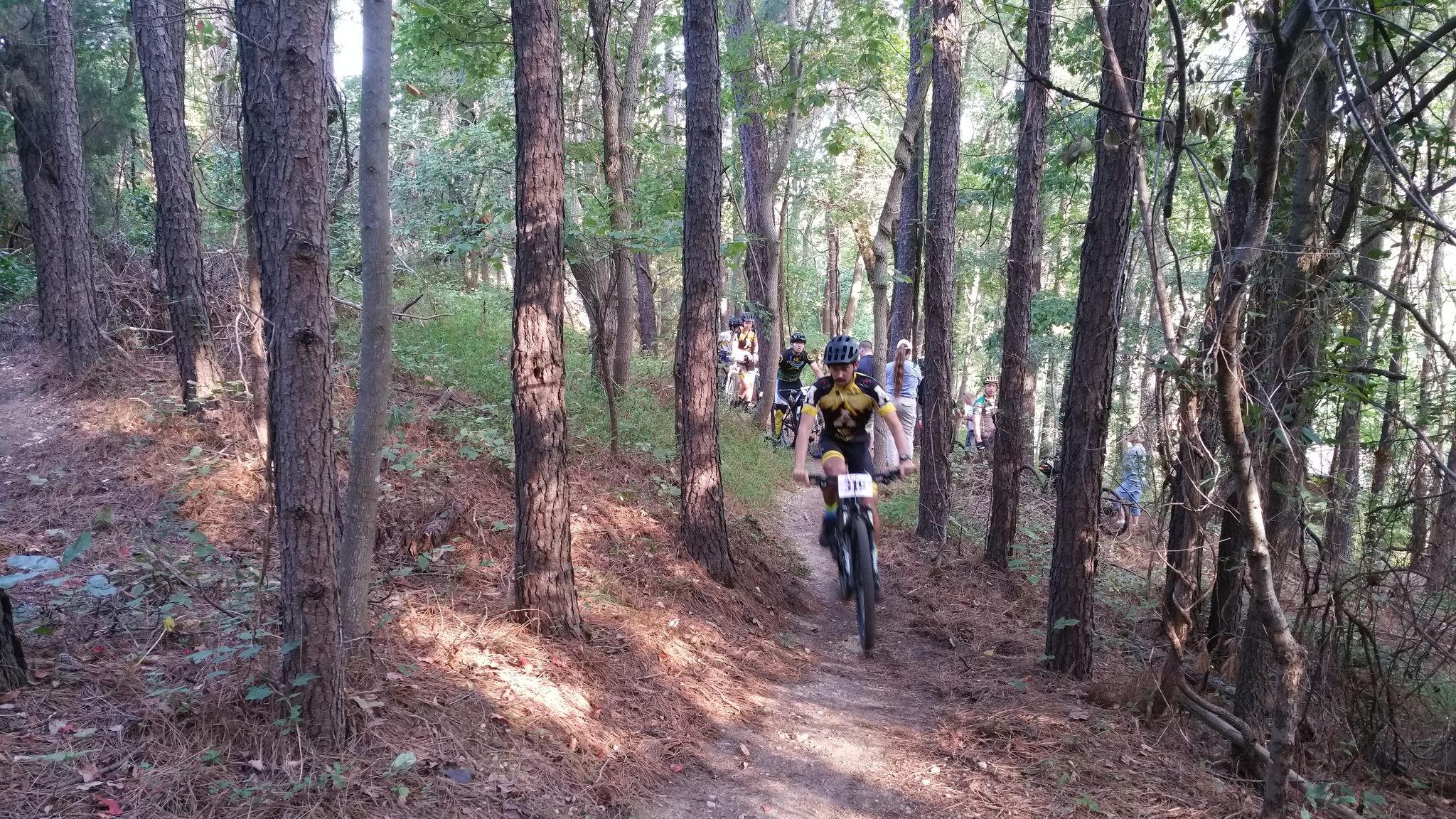 A group of mountain bikers riding along a narrow dirt trail surrounded by tall trees and greenery. The trail is marked by pine needles and small plants, with several cyclists in the background, some pausing to rest while others continue to ride. The scene is set in a sunny, wooded area, showcasing an active outdoor activity. Laurel Hill Park mountain bike trail.