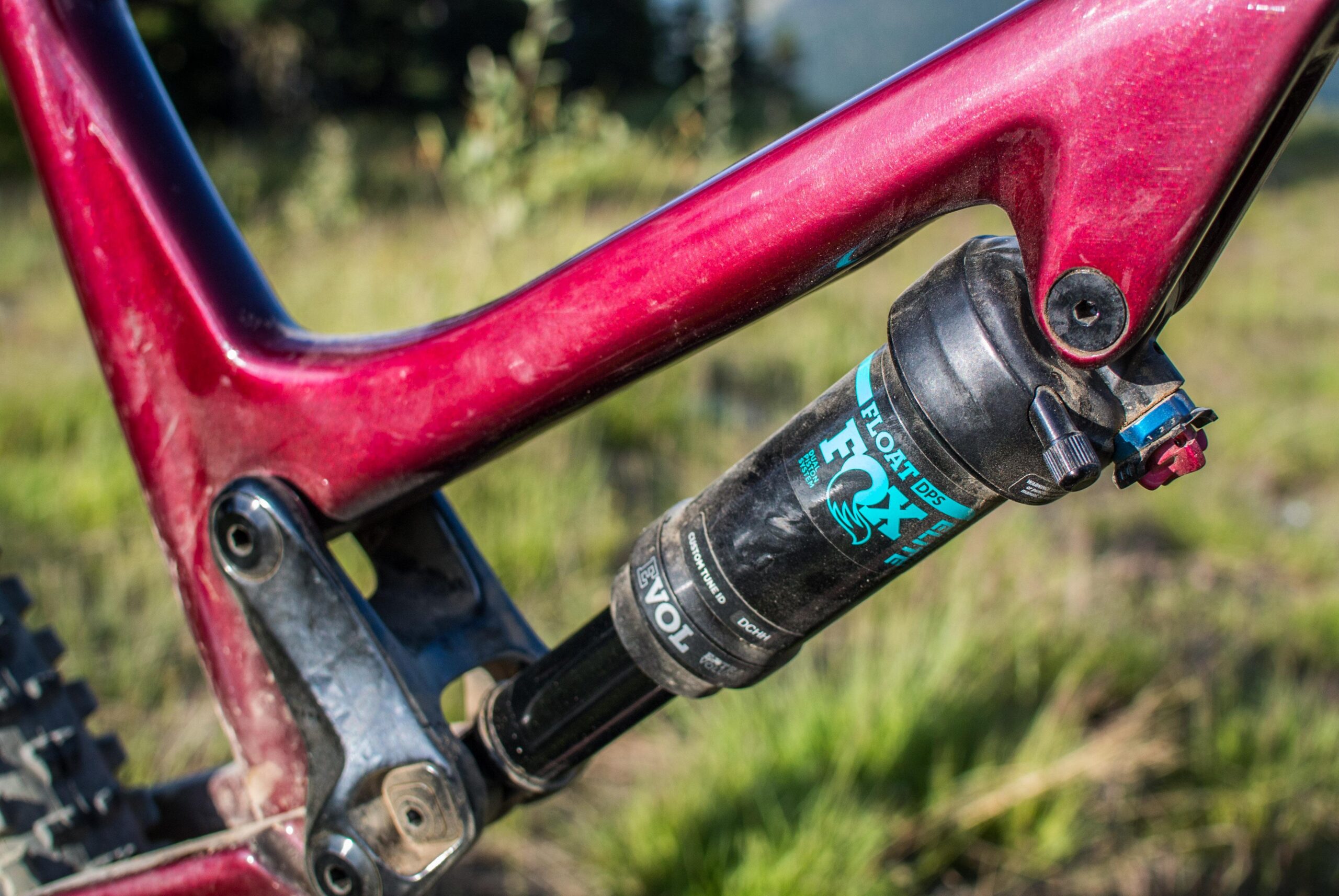 Rocky Mountain Altitude: A close-up view of a mountain bike's rear suspension, featuring a maroon bike frame with a black FOX Float DPS shock absorber attached. The background shows a grassy area with soft natural lighting.