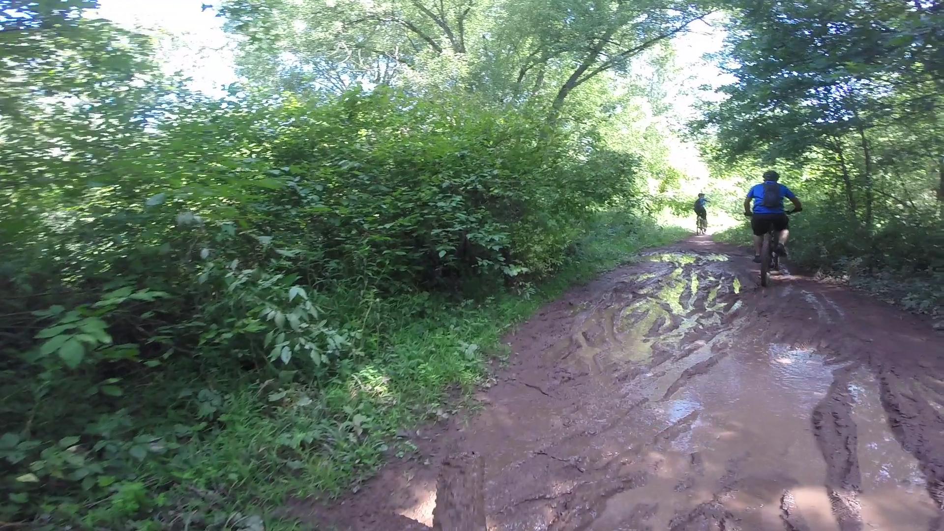 A dirt bike trail surrounded by lush green foliage, with two cyclists riding along a muddy path. The trail shows signs of recent rain, creating puddles and tire tracks in the mud. Sunlight filters through the trees, illuminating the scene. Six Mile Run mountain bike trail.