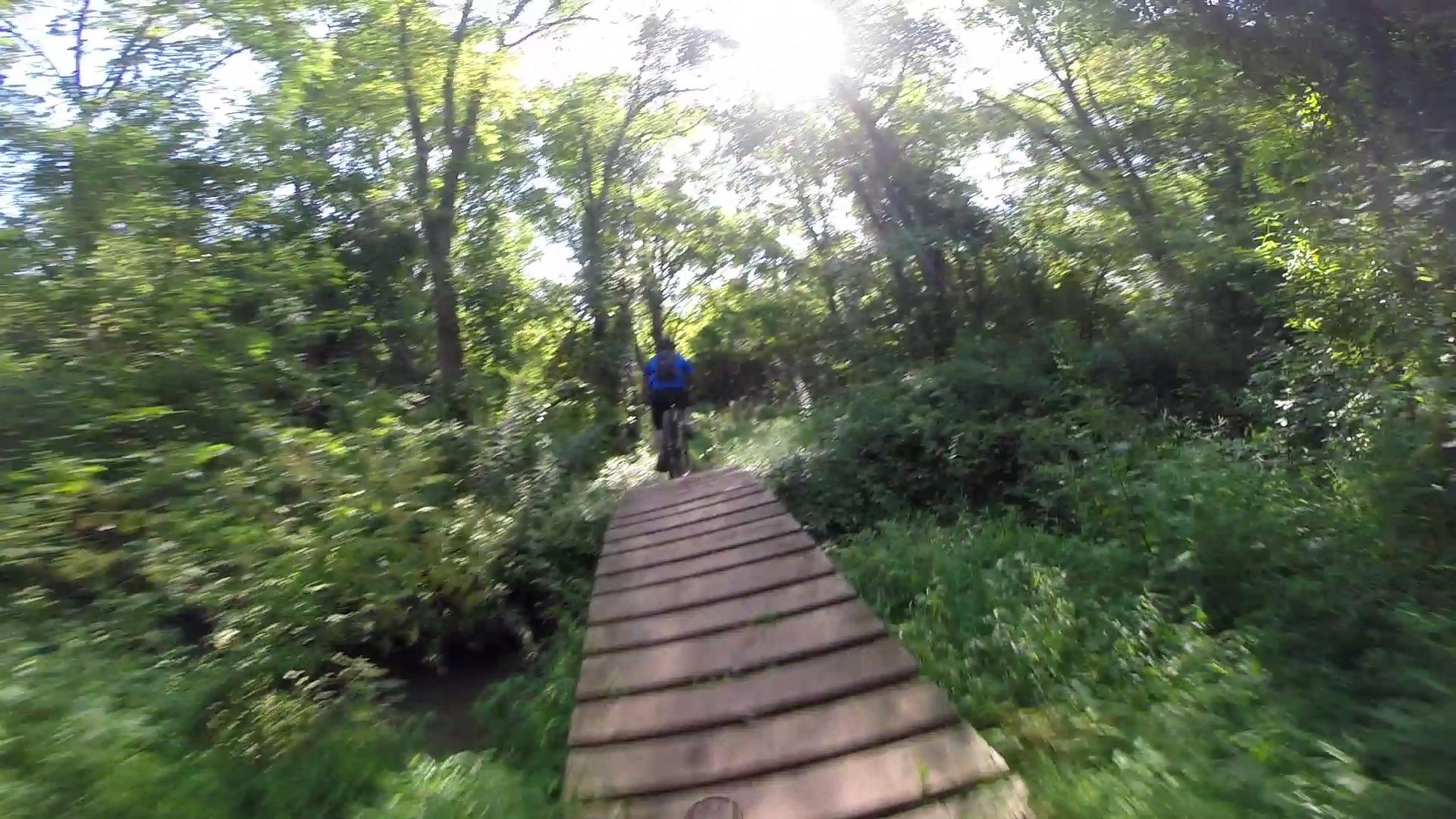 A cyclist riding on a wooden bridge through a lush, green forest, with sunlight filtering through the trees. Six Mile Run mountain bike trail.