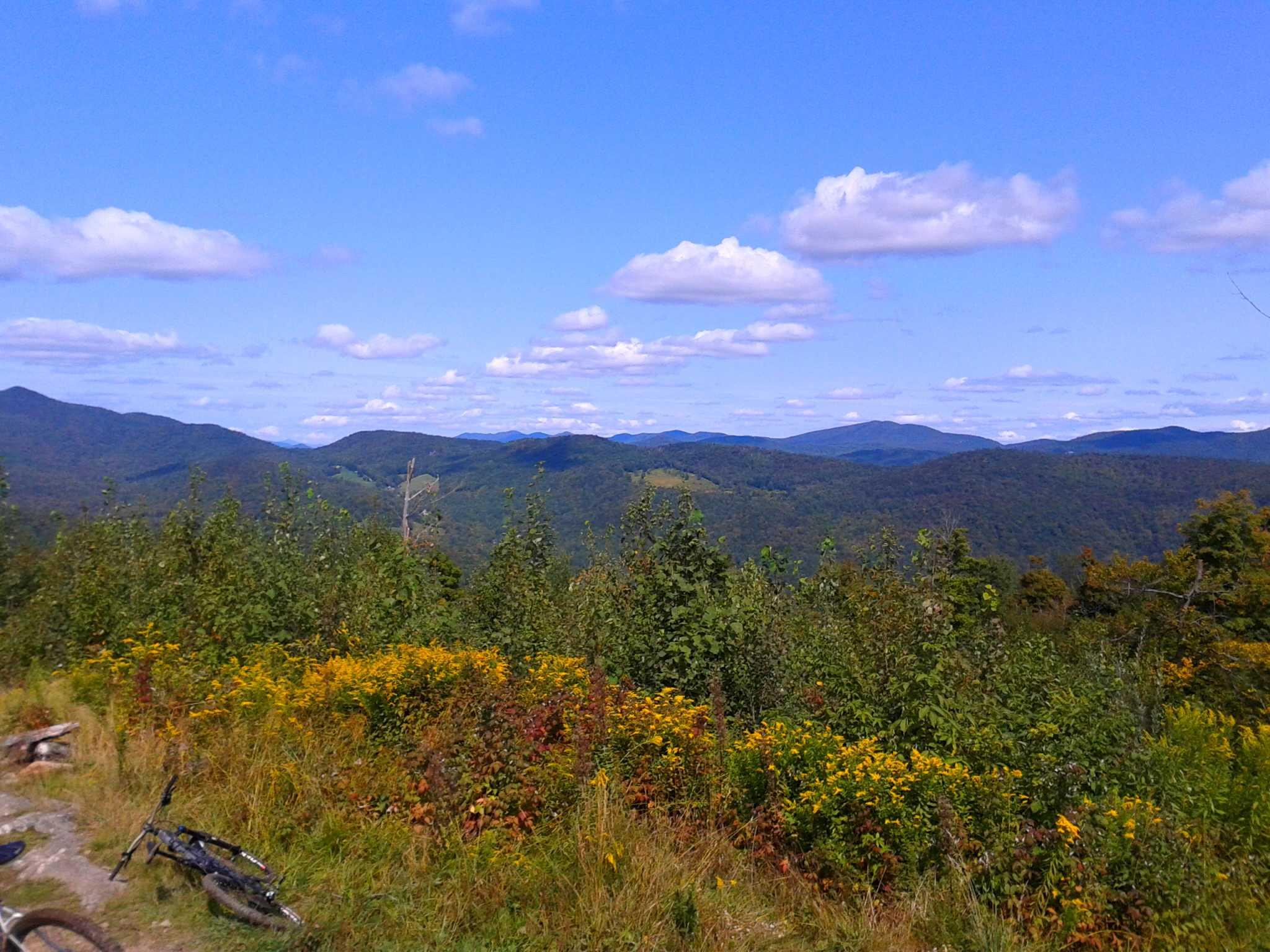 A scenic view of rolling mountains under a bright blue sky with fluffy clouds. In the foreground, vibrant wildflowers and greenery line a rocky trail, with a bicycle resting on the ground. The landscape features varying shades of green and hints of autumn colors in the foliage. Escalator; Noodles Revenge; Fusters mountain bike trail.