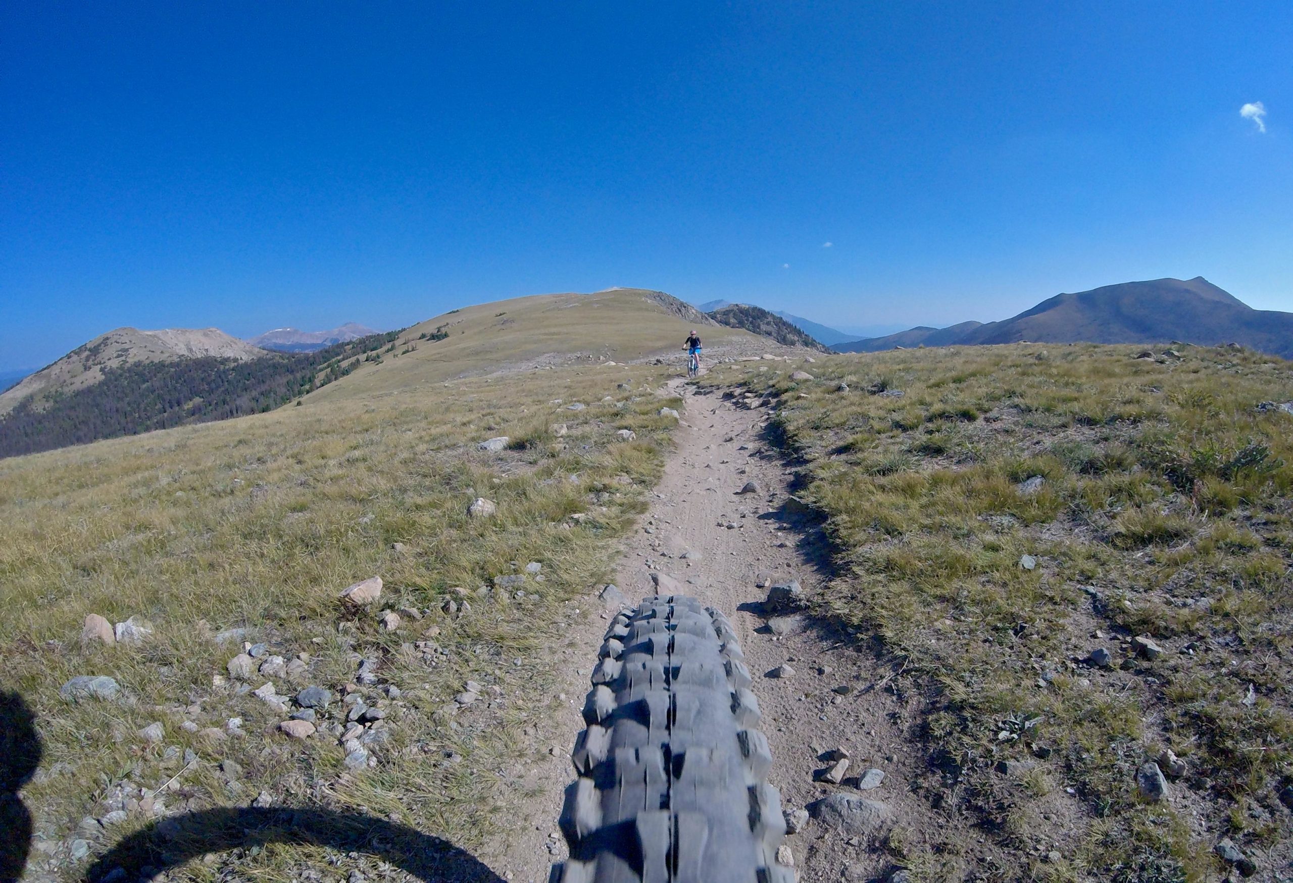 A mountain bike tire on a rocky dirt path, with a cyclist riding ahead in an expansive alpine landscape under a clear blue sky. Rolling hills and distant mountains are visible in the background, showcasing a vibrant natural setting. Monarch Crest Trail mountain bike trail.