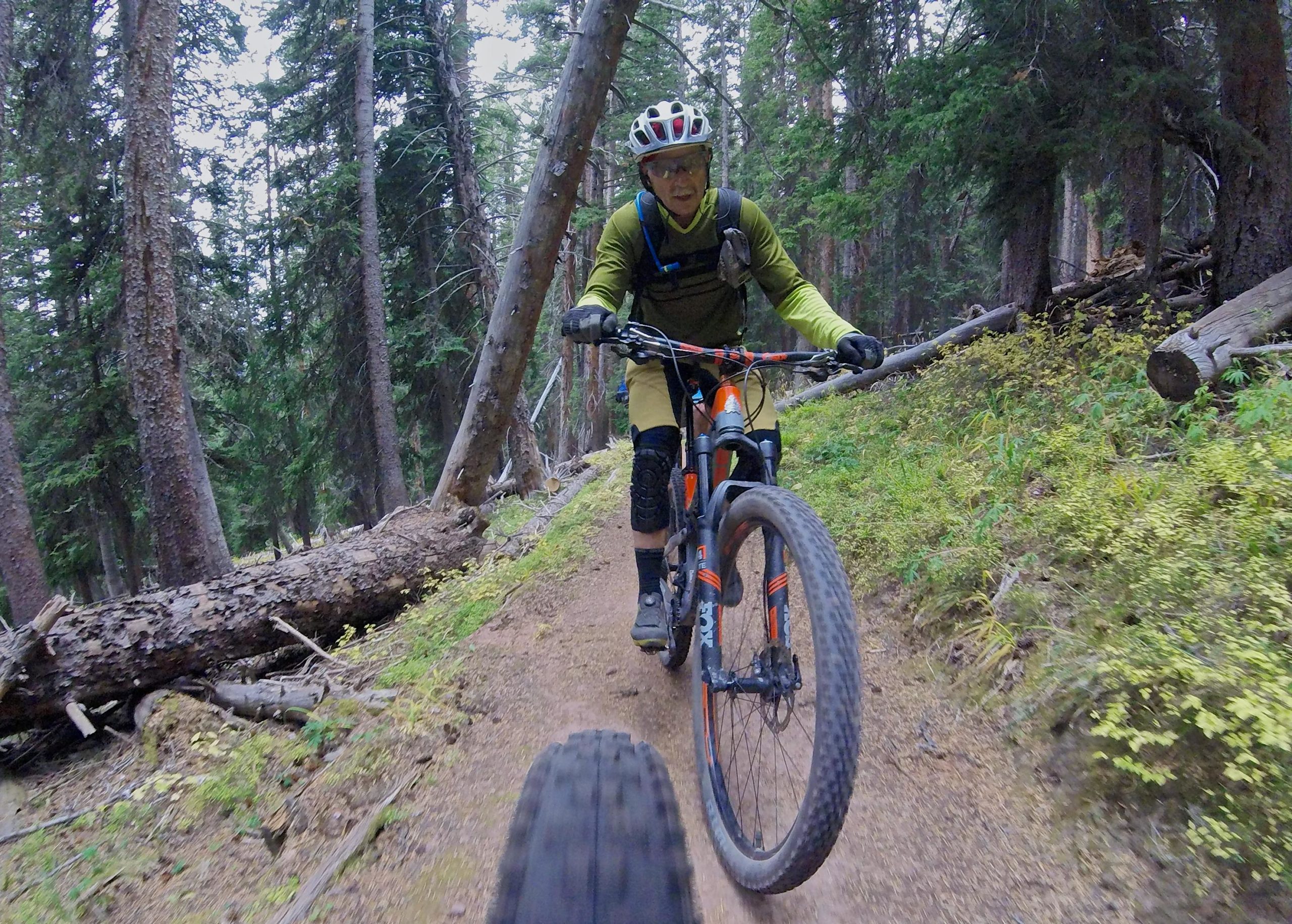 A mountain biker navigating a dirt trail through a forest of tall trees, with fallen logs on the ground. The rider is wearing a helmet, glasses, and protective gear, and is focused on the path ahead. The image captures a dynamic outdoor adventure scene. Vail Mountain Bike Park mountain bike trail.