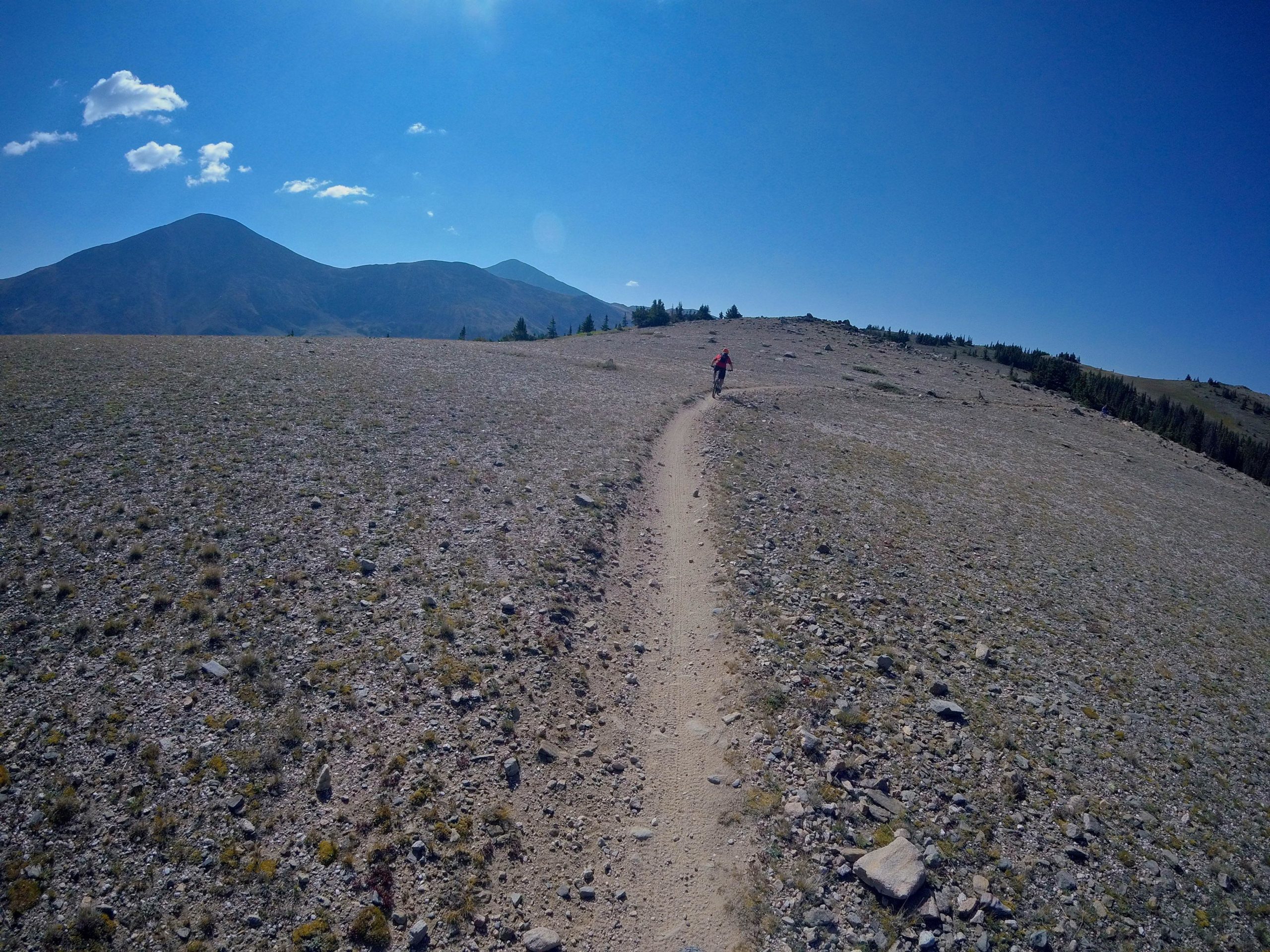 A person riding a mountain bike along a gravel path in a mountainous landscape, with clear blue skies and distant peaks under the sun. Sparse vegetation and rocky terrain surround the trail. Monarch Crest Trail mountain bike trail.