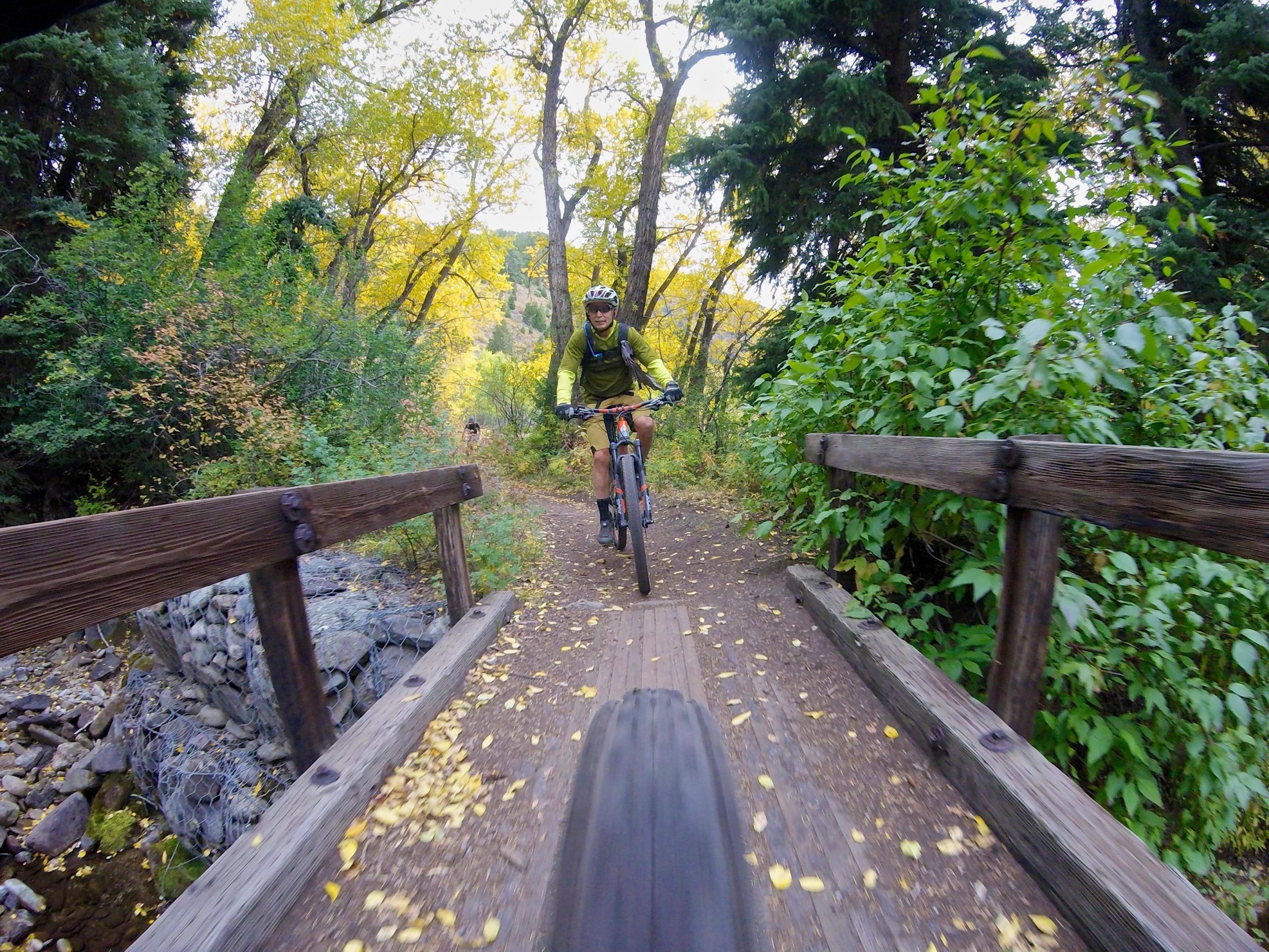 A mountain biker riding on a dirt trail, crossing a wooden bridge surrounded by vibrant autumn foliage with yellow and green leaves. The path is lined with trees, and a rocky area is visible beneath the bridge. The scene captures the essence of outdoor adventure in a scenic landscape. Two Elk via Vail Pass mountain bike trail.