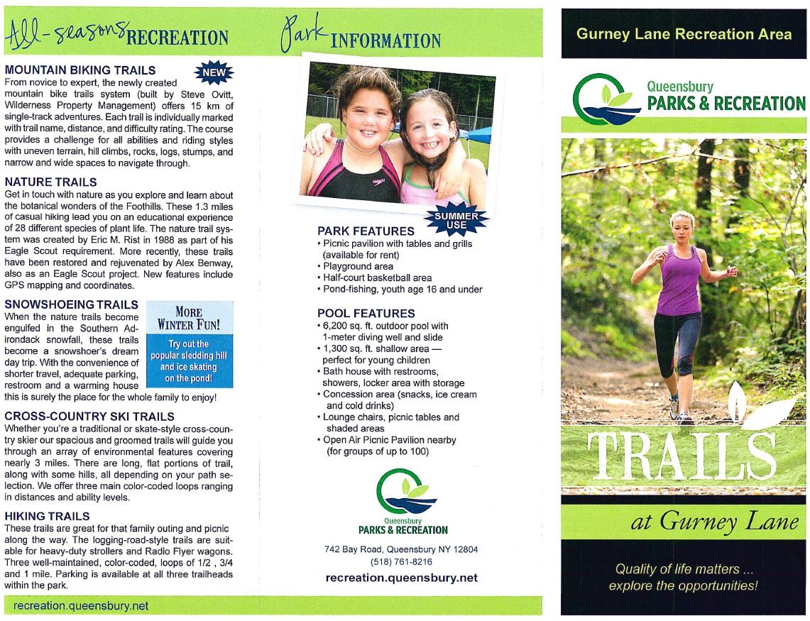 Alt text: "Brochure for Gurney Lane Recreation Area detailing all-season recreation options including mountain biking trails, nature trails, snowshoeing, and cross-country ski trails. It features information on park amenities such as picnic areas, playgrounds, and a swimming pool." Gurney Lane Mountain Bike Trails mountain bike trail.