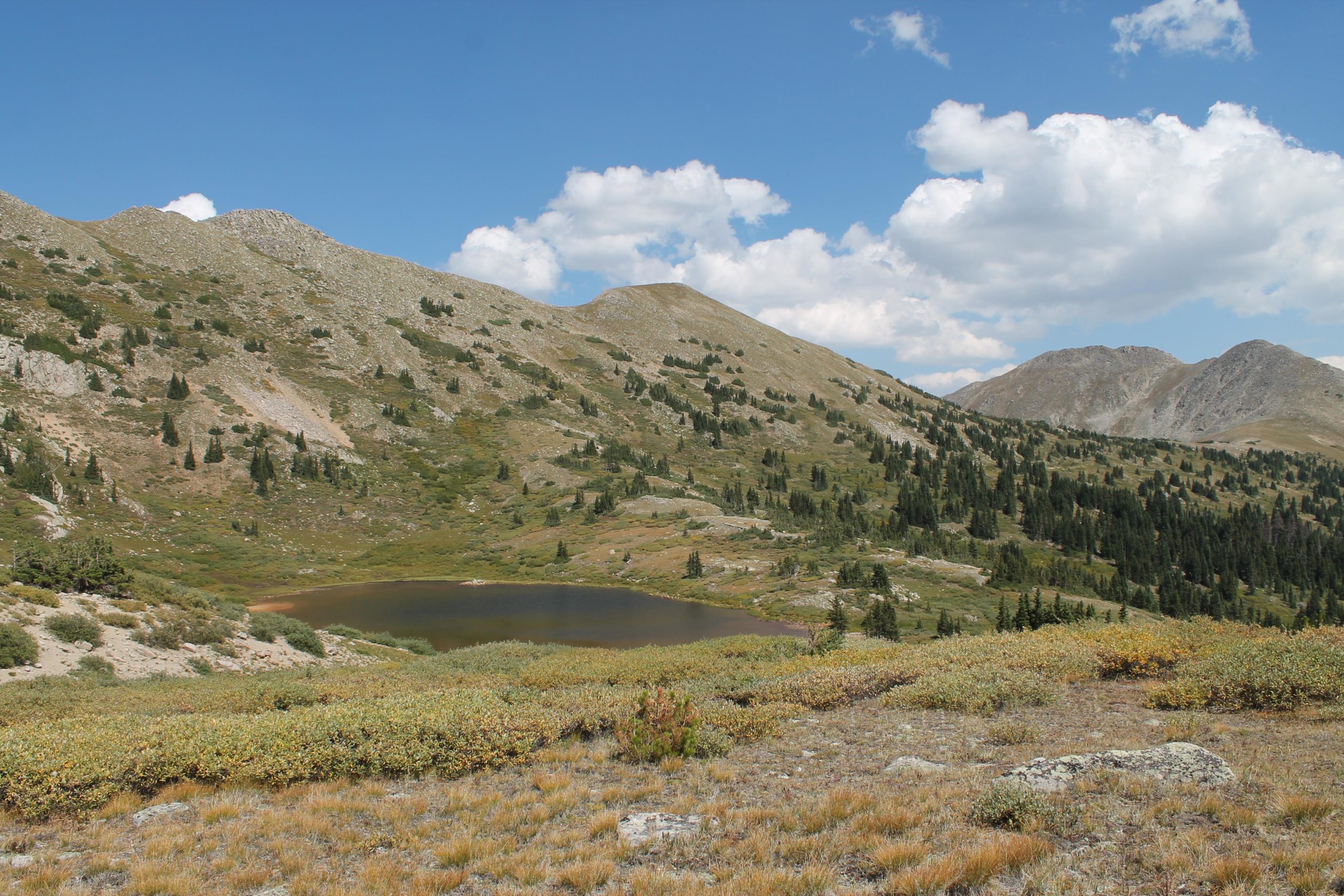 A panoramic view of a serene mountain landscape featuring a calm lake surrounded by lush green vegetation and rocky hills under a partly cloudy blue sky. CDT: Tunnel Lake mountain bike trail.