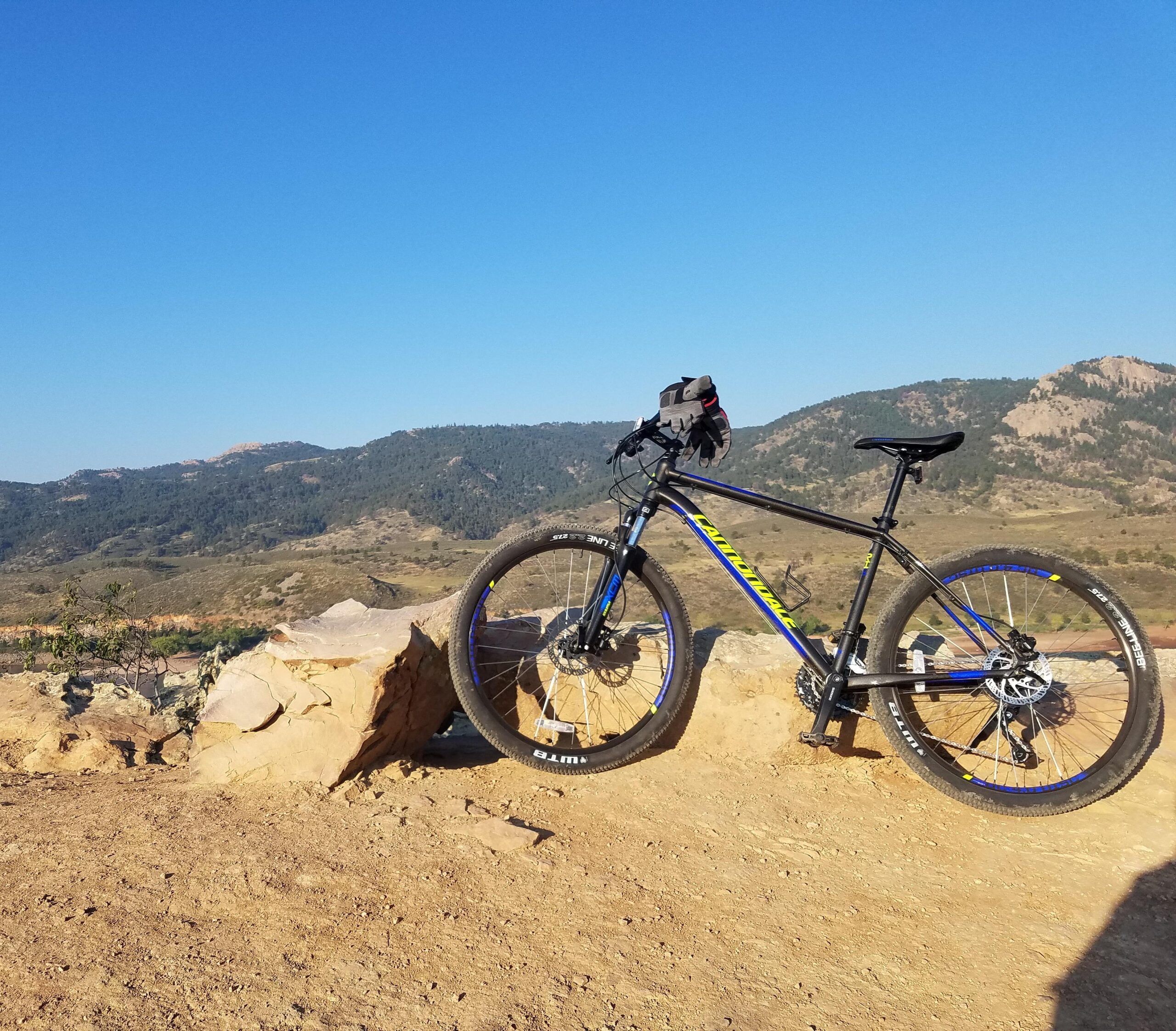 Cannondale Trail 5: A black mountain bike leaning against a large rock, set against a backdrop of rolling hills and a clear blue sky. The landscape features green vegetation and distant mountains, indicating an outdoor recreational area.