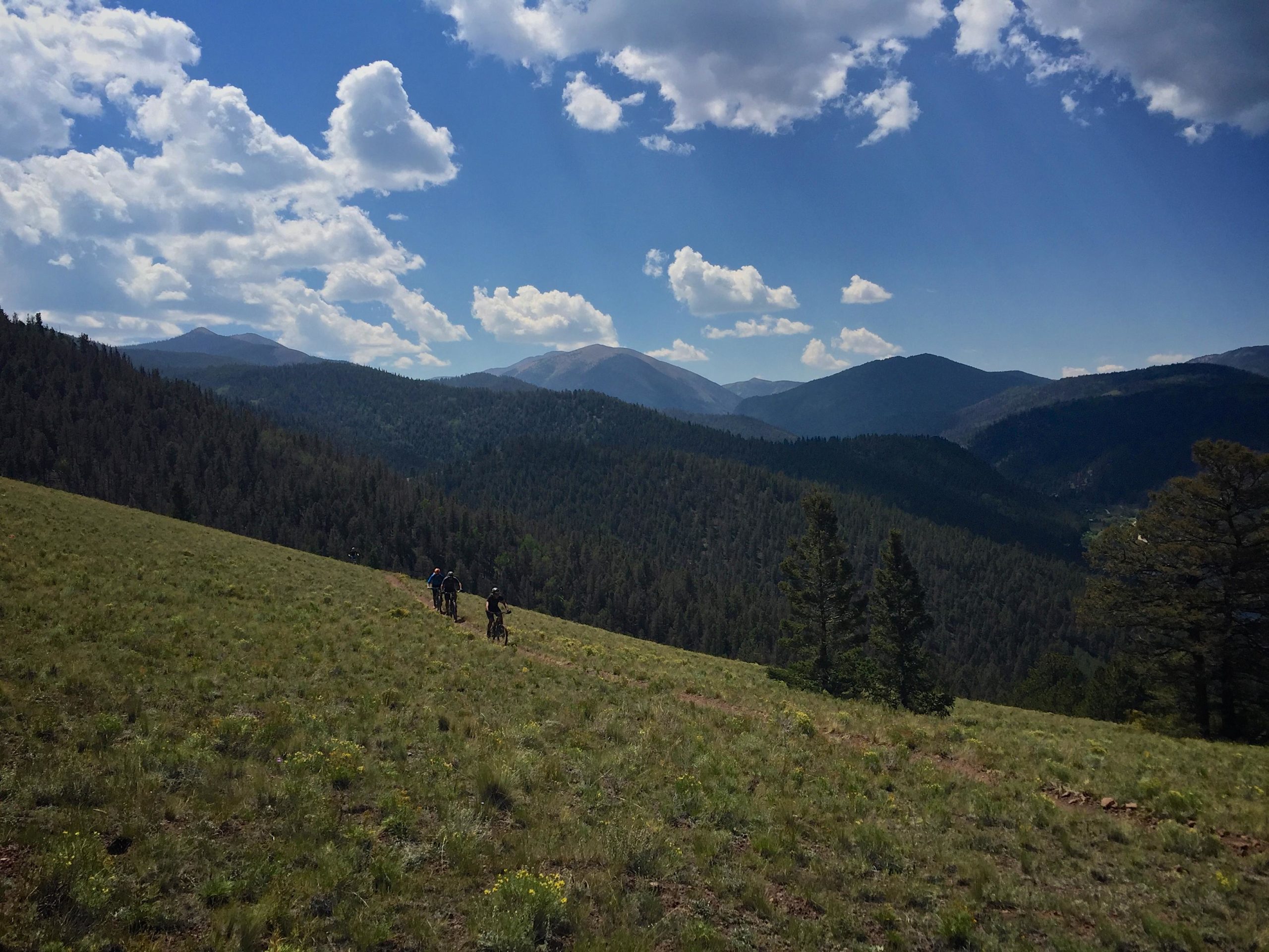 Hikers traverse a grassy hillside with mountain ranges and a blue sky dotted with clouds in the background. The scene captures the beauty of nature, showcasing lush greenery and distant peaks. Monarch Crest Trail mountain bike trail.