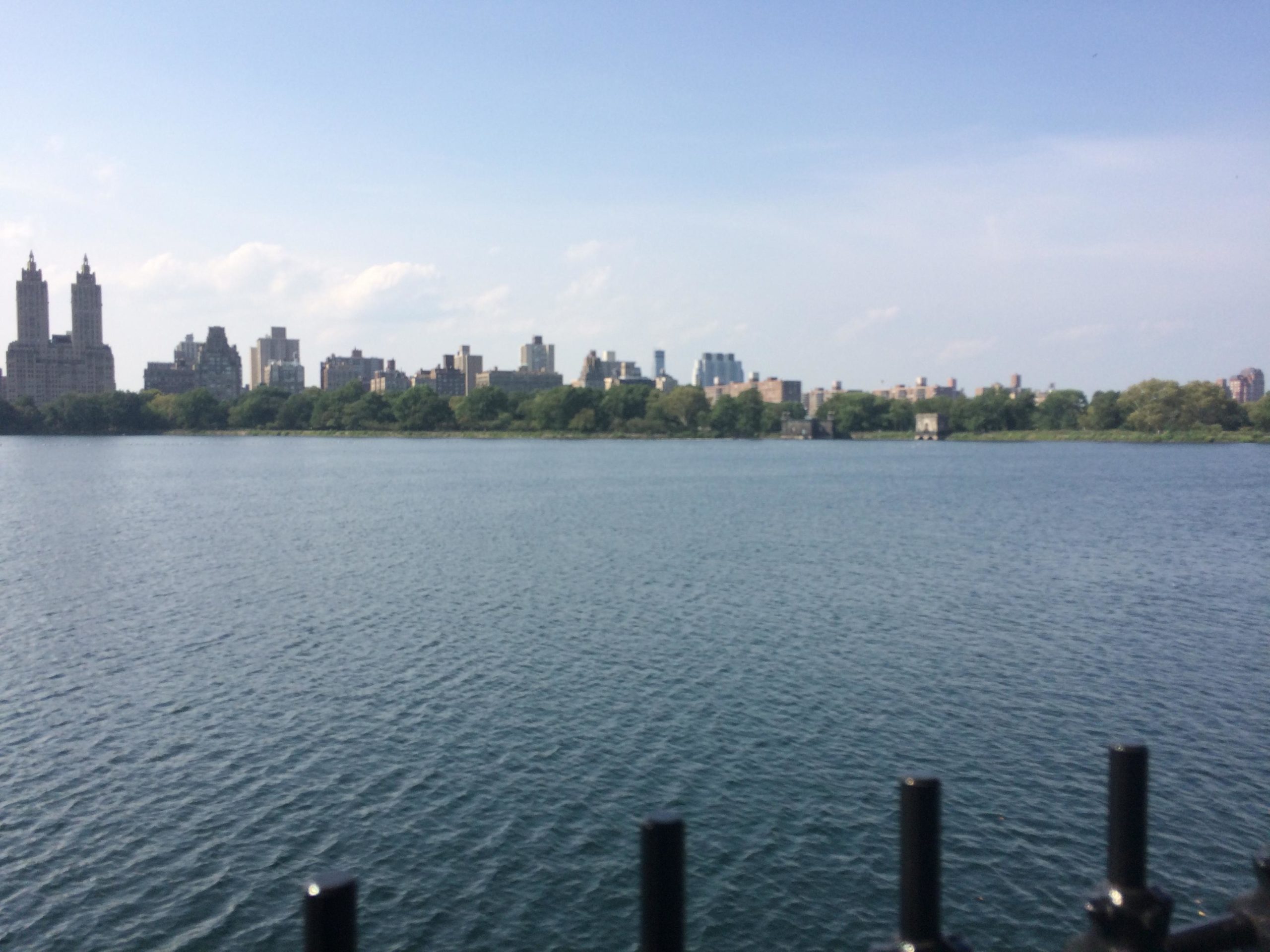  skyline view of a city across a calm body of water, with green trees lining the shore and blue sky above. The scene captures the tranquility of nature juxtaposed with urban architecture. Central Park Green way mountain bike trail.