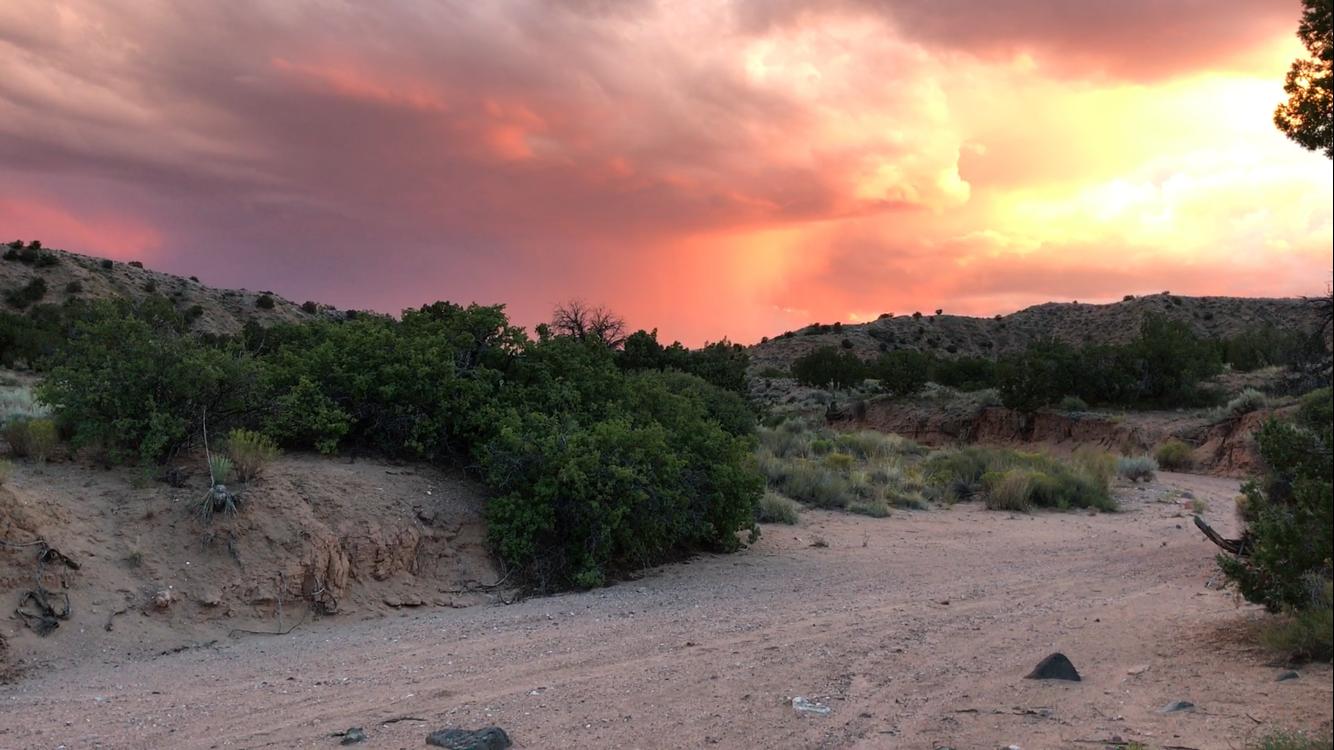 A scenic view of a sandy path surrounded by shrubs and low-lying vegetation, leading into hilly terrain. The sky is filled with dramatic clouds and a vibrant sunset, displaying shades of orange and pink, creating a stunning natural landscape. Mariposa Fat Bike Trails mountain bike trail.