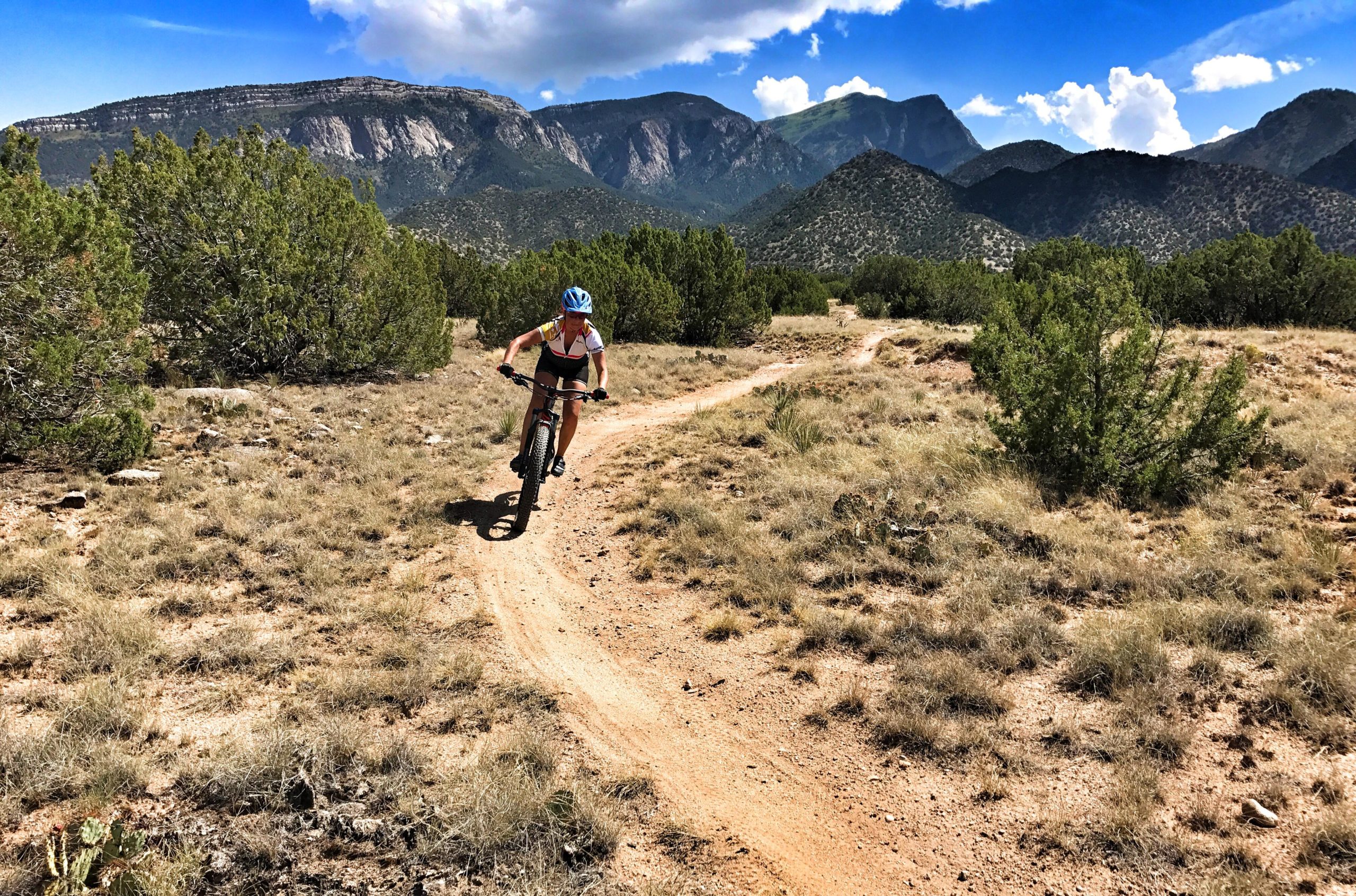 A mountain biker riding on a dirt trail through a rugged landscape, surrounded by green bushes and distant mountains under a blue sky with scattered clouds. The cyclist is leaning into a turn, showcasing an active outdoor adventure. Western Rollers mountain bike trail.