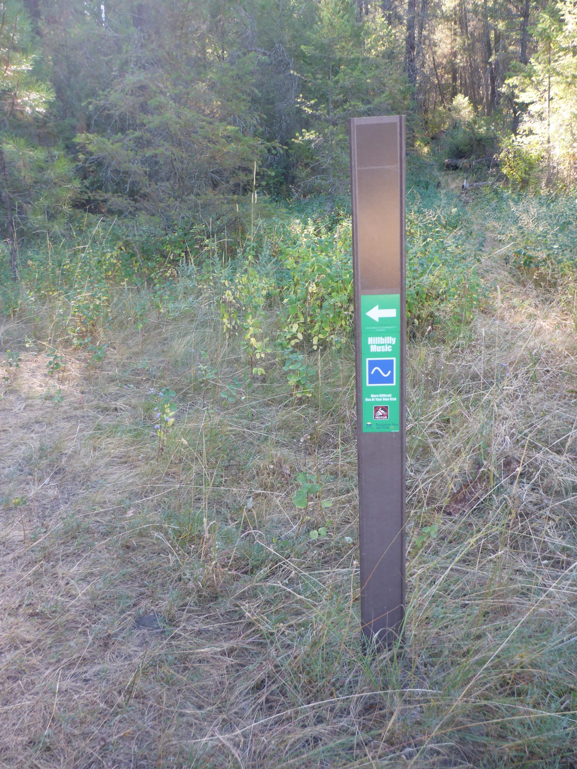 A trail signpost located in a forested area, featuring directional arrows and information symbols, including a green left arrow and icons indicating hiking and music activities. Surrounding vegetation includes tall grasses and shrubs typical of a natural landscape. Cranbrook Community Forest - South mountain bike trail.