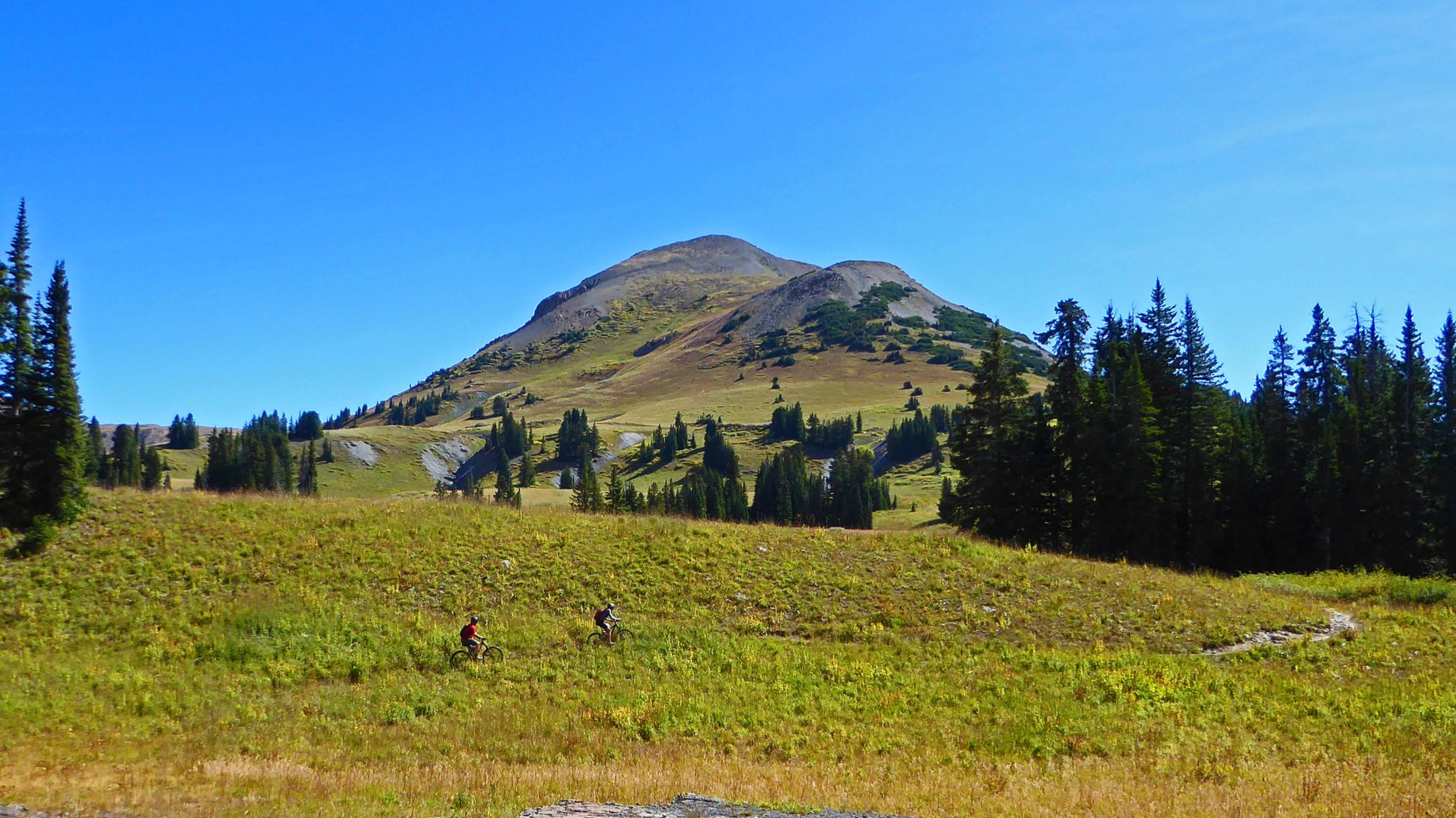 Two mountain bikers ride through a grassy valley surrounded by pine trees, with a prominent mountain peak in the background under a clear blue sky. Trail 401 mountain bike trail.
