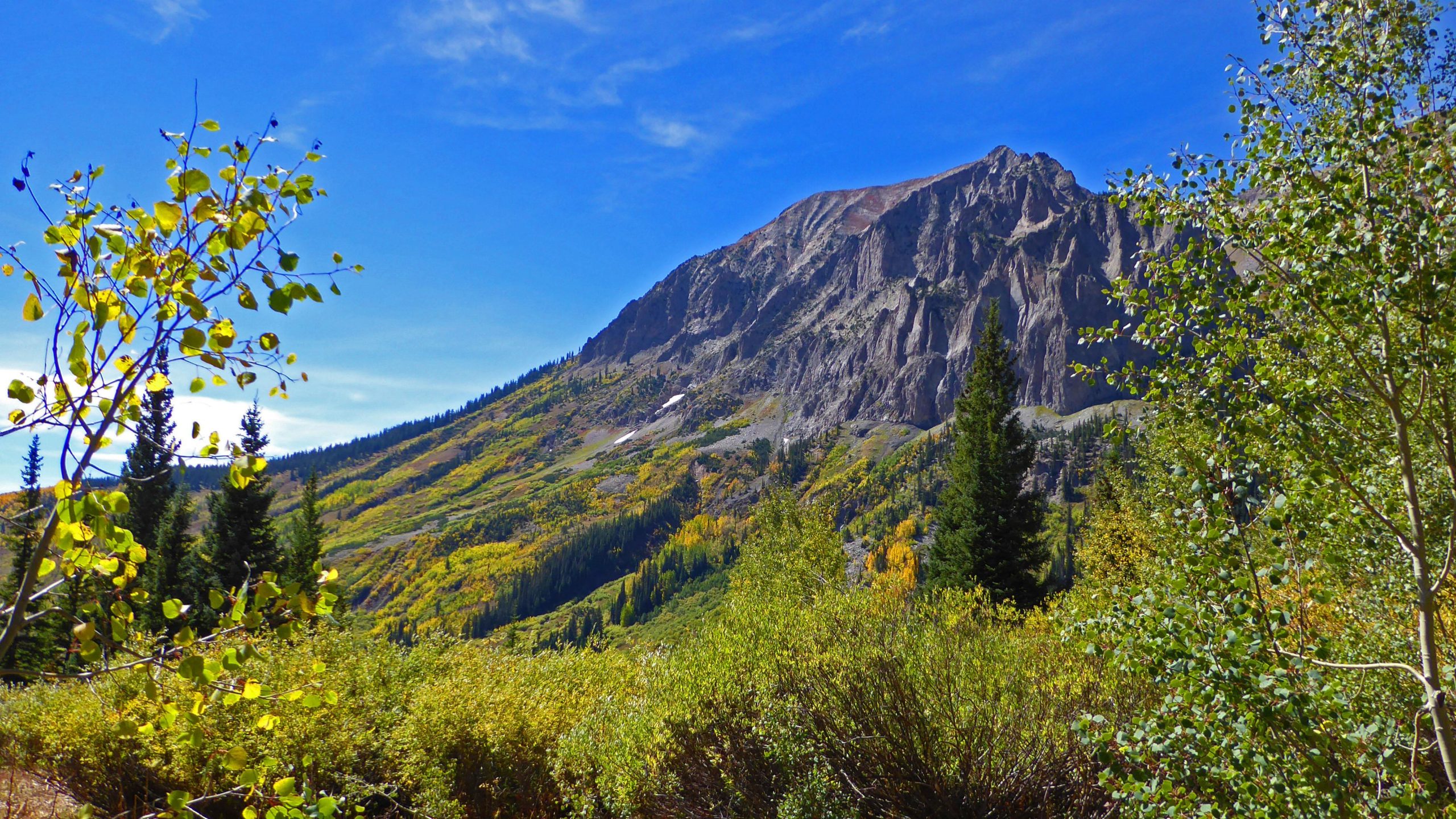 A stunning mountain landscape featuring a rugged peak under a clear blue sky, surrounded by vibrant autumn foliage in shades of green and yellow. Trees and shrubs are in the foreground, adding depth to the scenery. Trail 401 mountain bike trail.