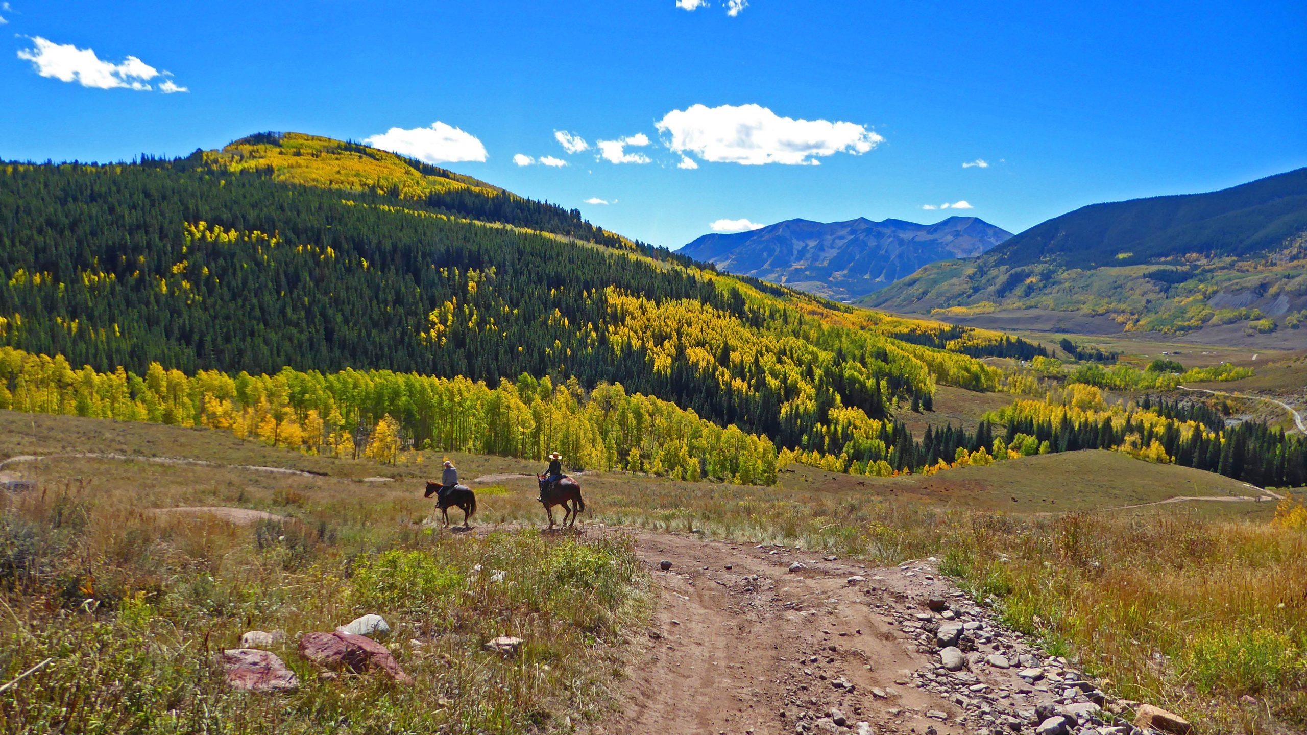 Two horseback riders traverse a dirt path through a picturesque mountain landscape. The scene features vibrant autumn foliage with stunning golden and green trees against a backdrop of distant mountains and a bright blue sky dotted with fluffy white clouds. The foreground includes patches of grass and scattered rocks, enhancing the natural beauty of the environment. Teocalli Ridge mountain bike trail.