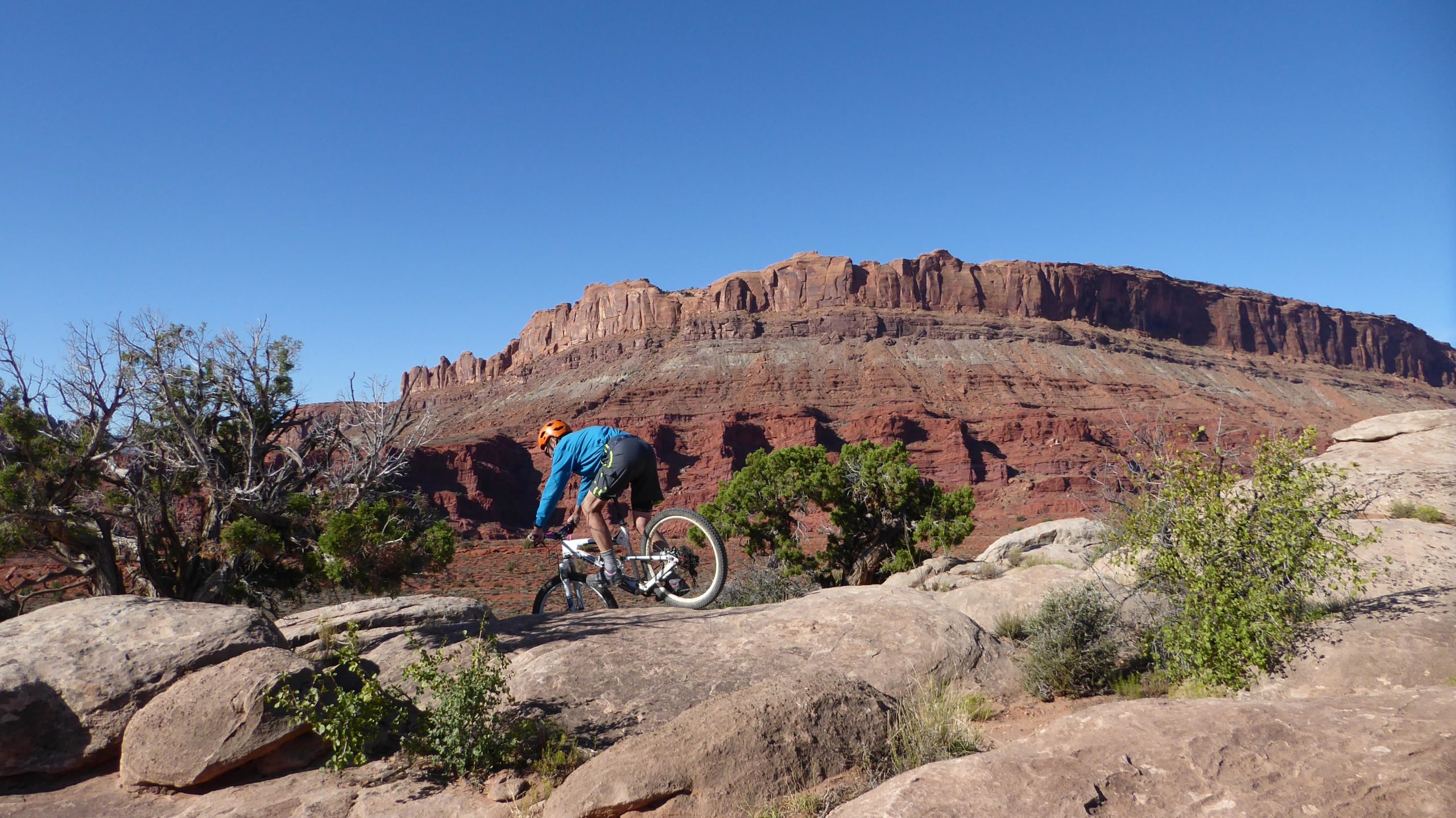 A mountain biker in a blue shirt and orange helmet navigating rocky terrain against a backdrop of red rock formations and clear blue sky. Green shrubs and trees are visible in the foreground. Deadman's Ridge mountain bike trail.