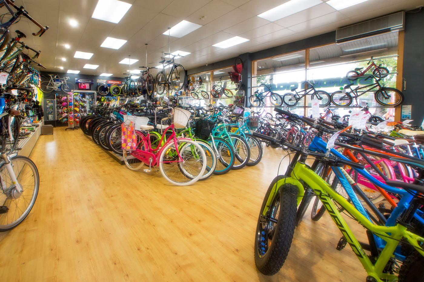 A brightly lit bicycle shop interior featuring a wide variety of bicycles displayed on racks and the floor. The shop has a wooden floor and walls adorned with various cycling accessories. Different bicycle styles and colors, including pink, green, and blue, are visible, creating an inviting atmosphere for cycling enthusiasts.