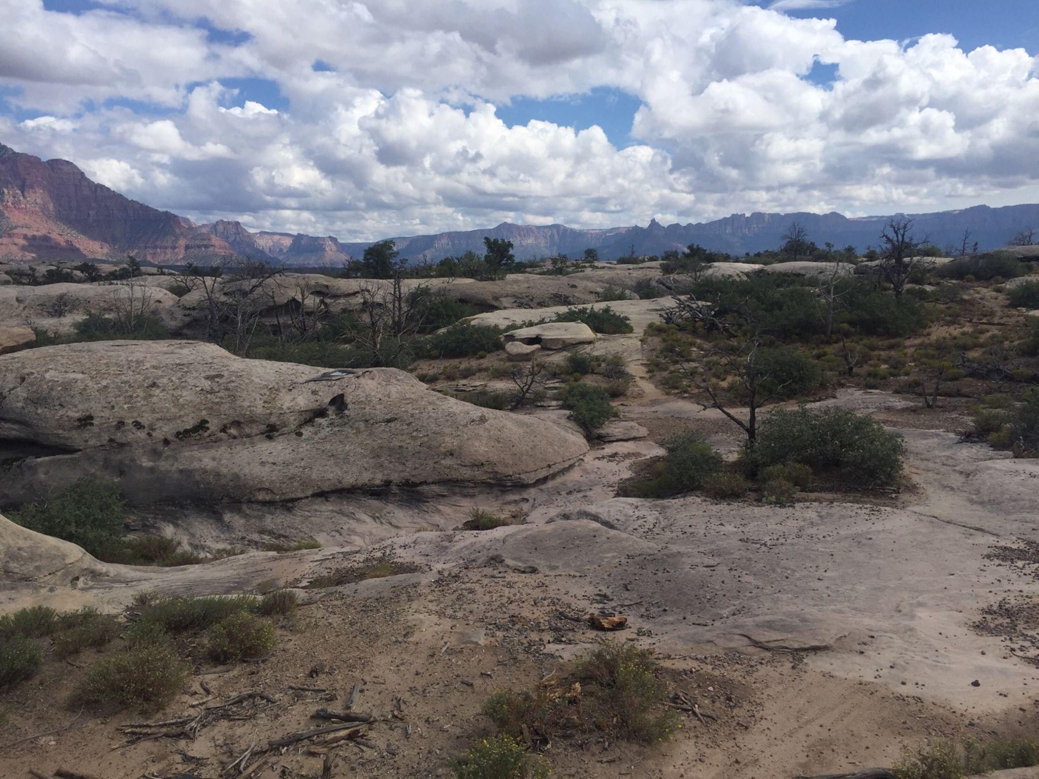 A panoramic view of a rocky landscape under a partly cloudy sky. The foreground features large, gray boulders and sparse vegetation, while the background showcases layered mountain ridges and dramatic geological formations. The scene conveys a sense of natural beauty and open space. Guacamole Mesa mountain bike trail.