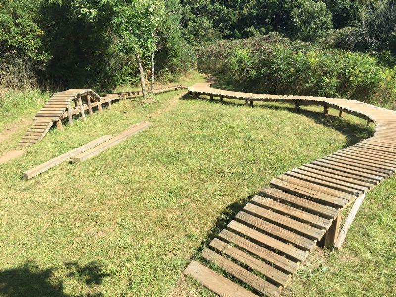 A winding wooden bike ramp course set in a grassy area, surrounded by trees and vegetation. The course features multiple inclines and declines, allowing for varied bike maneuvers. Sunlight shines on the path, highlighting the natural surroundings. John Muir Trails mountain bike trail.