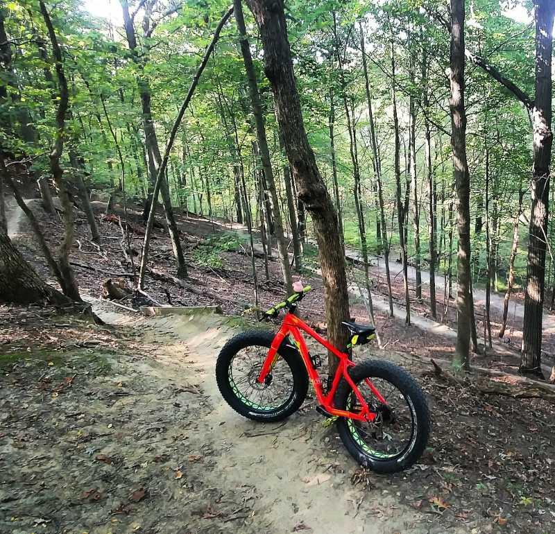 A bright red fat bike leaned against a tree on a dirt trail in a wooded area. The surrounding forest features tall trees and lush green foliage, with a winding path visible in the background. Sunlight filters through the leaves, creating a serene outdoor scene. Bloomer Park mountain bike trail.