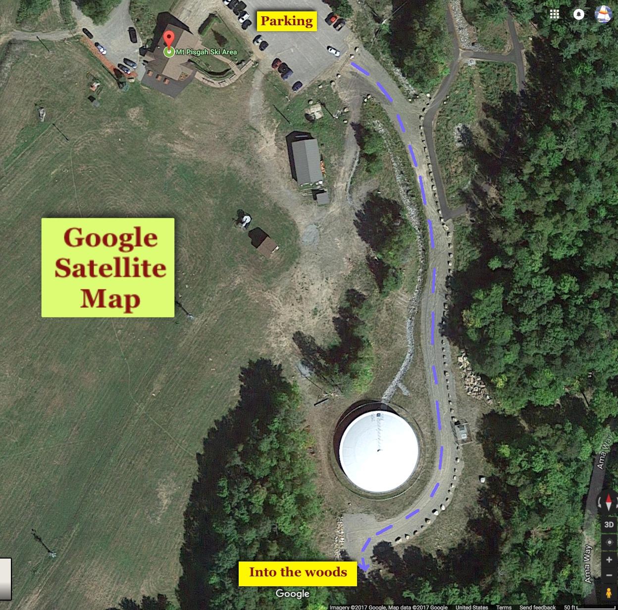 Satellite map of Mount Pisgah Ski Area, showing parking area, surrounding landscape, and trails leading into the woods. Key locations are highlighted, including "Parking" and "Into the woods." Mount Pisgah II: the left side mountain bike trail.