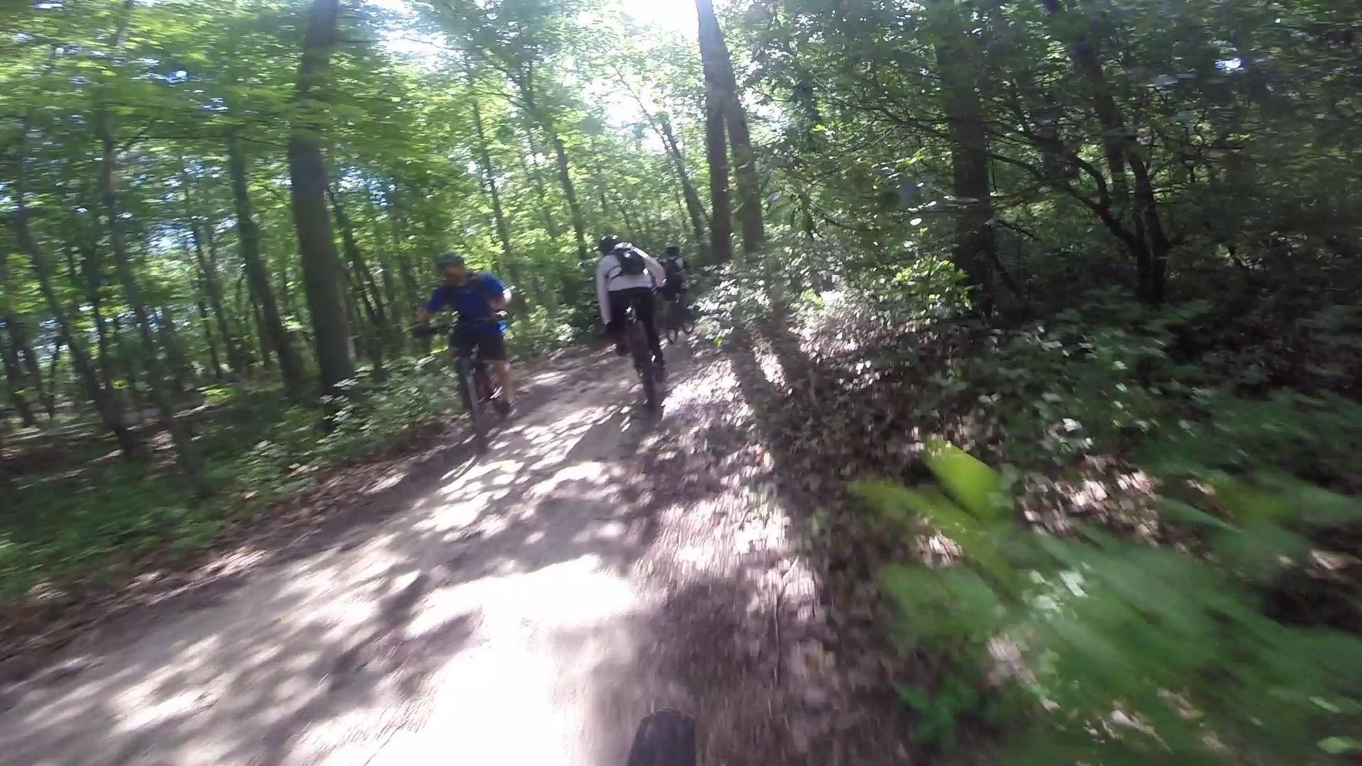 A group of mountain bikers riding along a dirt trail in a lush green forest, with sunlight filtering through the trees, creating a dappled effect on the ground. Allaire State Park mountain bike trail.