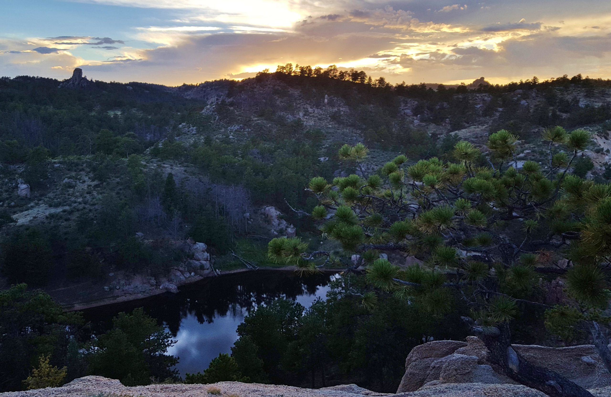 A scenic view of a rocky landscape at sunset, showcasing a serene lake reflecting the sky. The foreground features a pine tree with vibrant green needles, while the background includes hills and distant peaks under a colorful sky with clouds. Curt Gowdy State Park mountain bike trail.