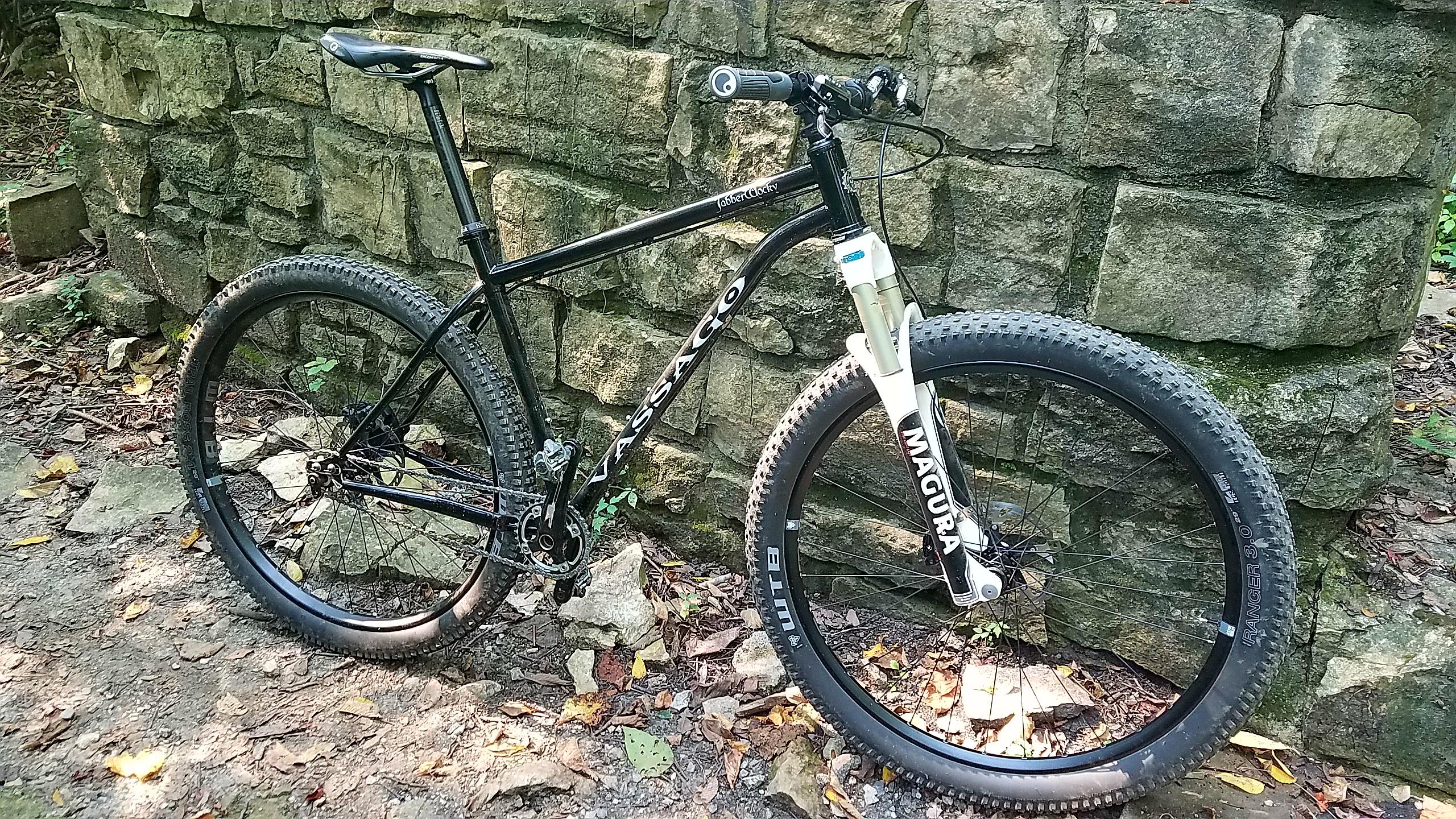 Vassago Jabberwocky: A black mountain bike with thick tires, resting against a stone wall in a forested area. The bike features a front suspension fork and a sleek frame, surrounded by fallen leaves and rocky terrain.
