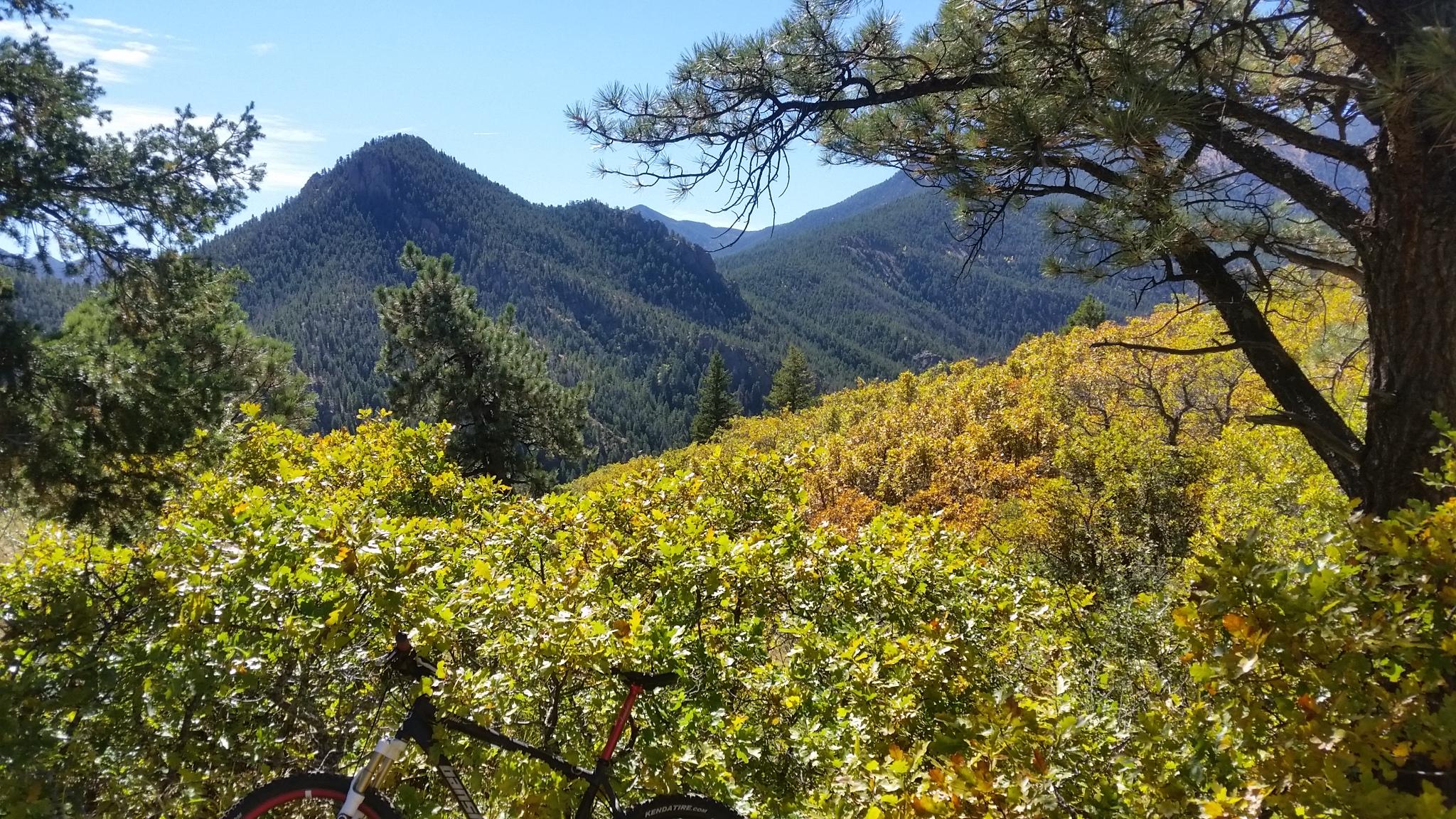 A scenic mountain view featuring rolling hills covered in green and yellow foliage, with a bicycle leaning against a bush in the foreground. The sky is clear with a few clouds, and tall pine trees frame the scene. Stratton Open Space / The Chutes mountain bike trail.