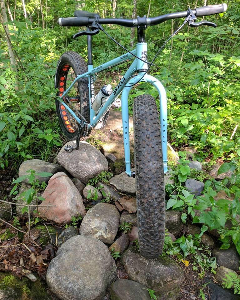 A blue fat tire bike perched on a rocky path, surrounded by lush greenery and dense foliage. The bike