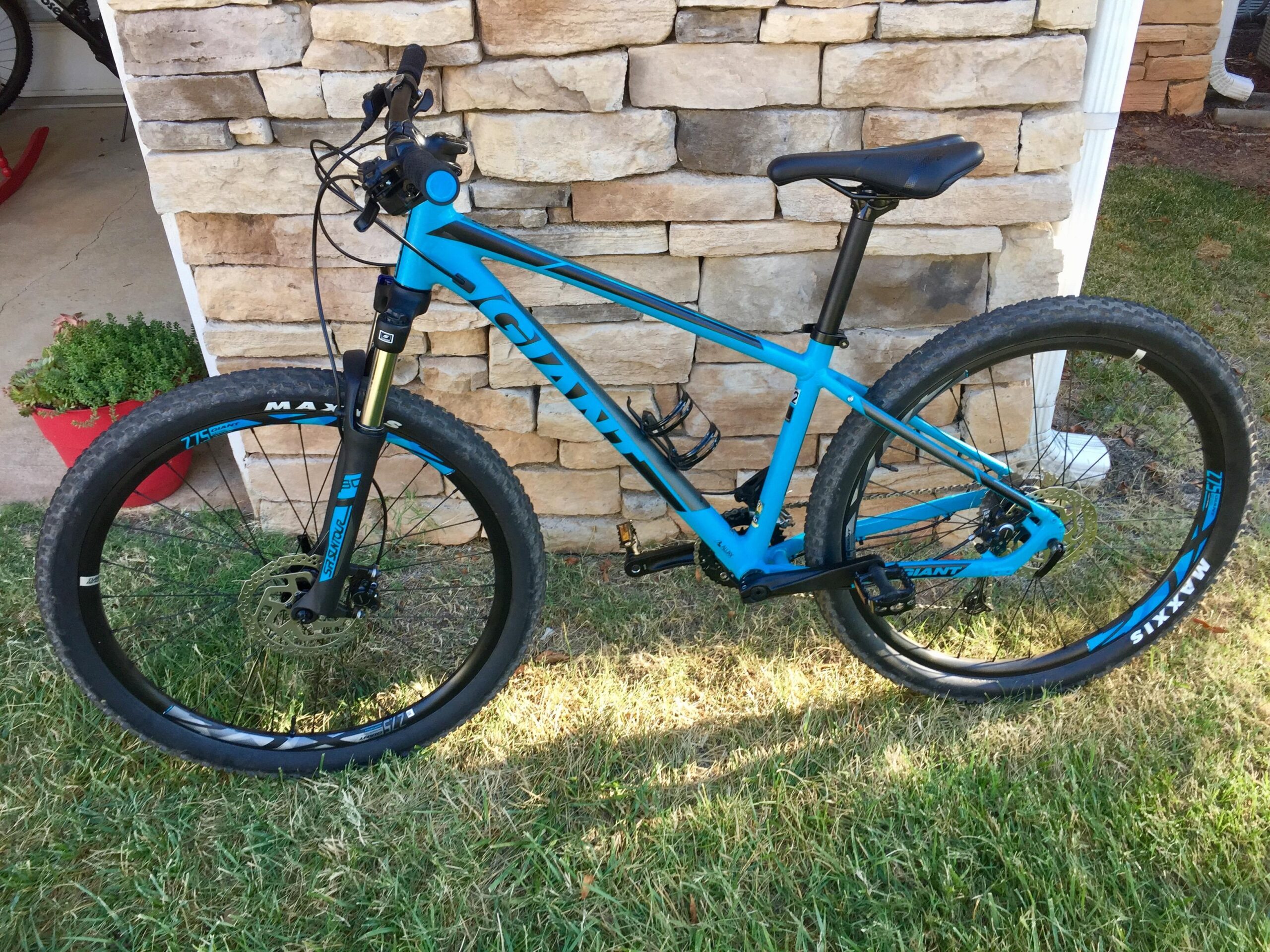 A blue mountain bike leaning against a stone wall, featuring thick tires and a sleek frame design. The bike is positioned on grass with a small potted plant visible in the background.