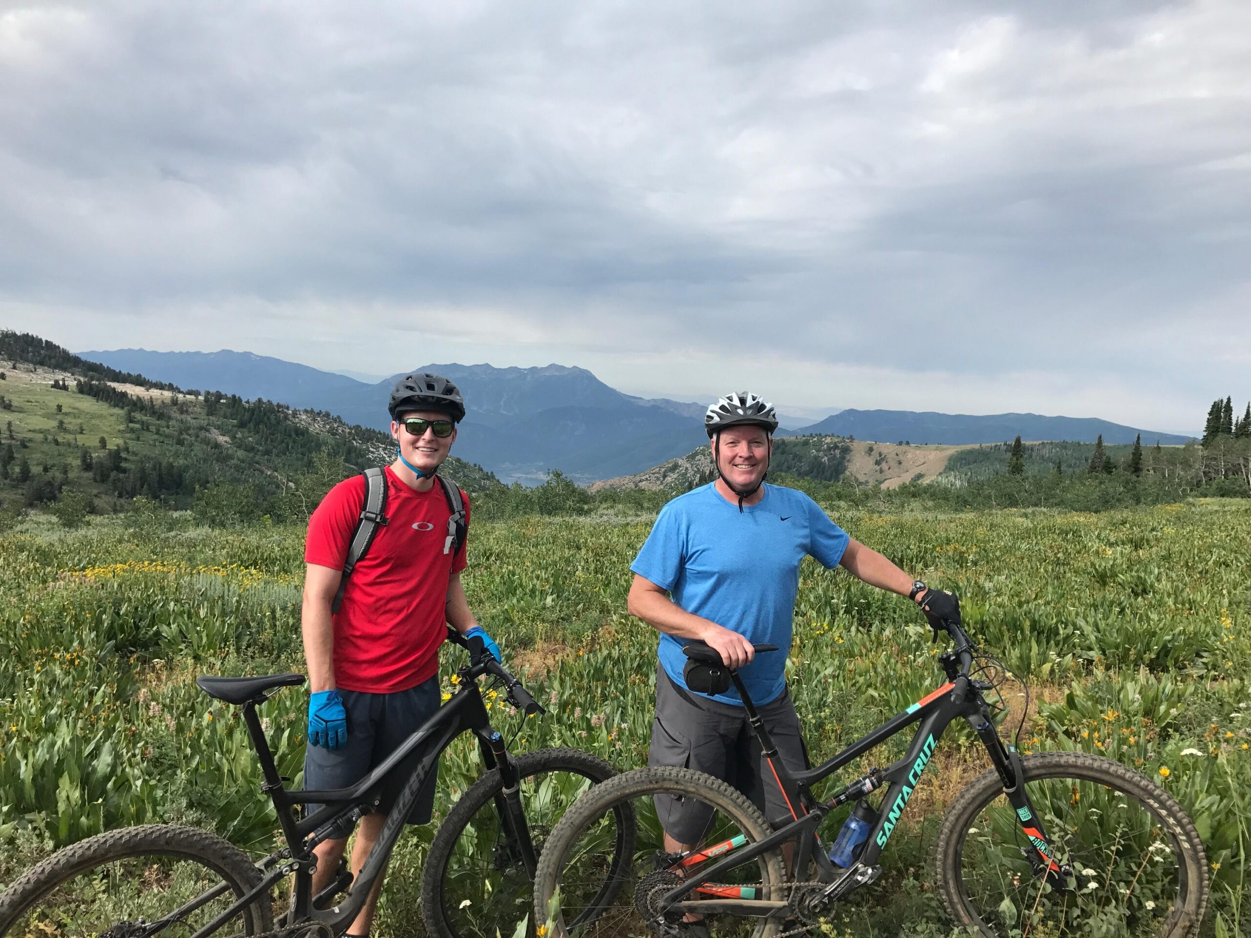 Specialized Stumpjumper FSR comp carbon 650B: Two men stand on a mountain trail with their mountain bikes, surrounded by lush greenery and wildflowers. They are wearing cycling helmets and casual sports clothing. In the background, rolling hills and distant mountains are visible under a cloudy sky.