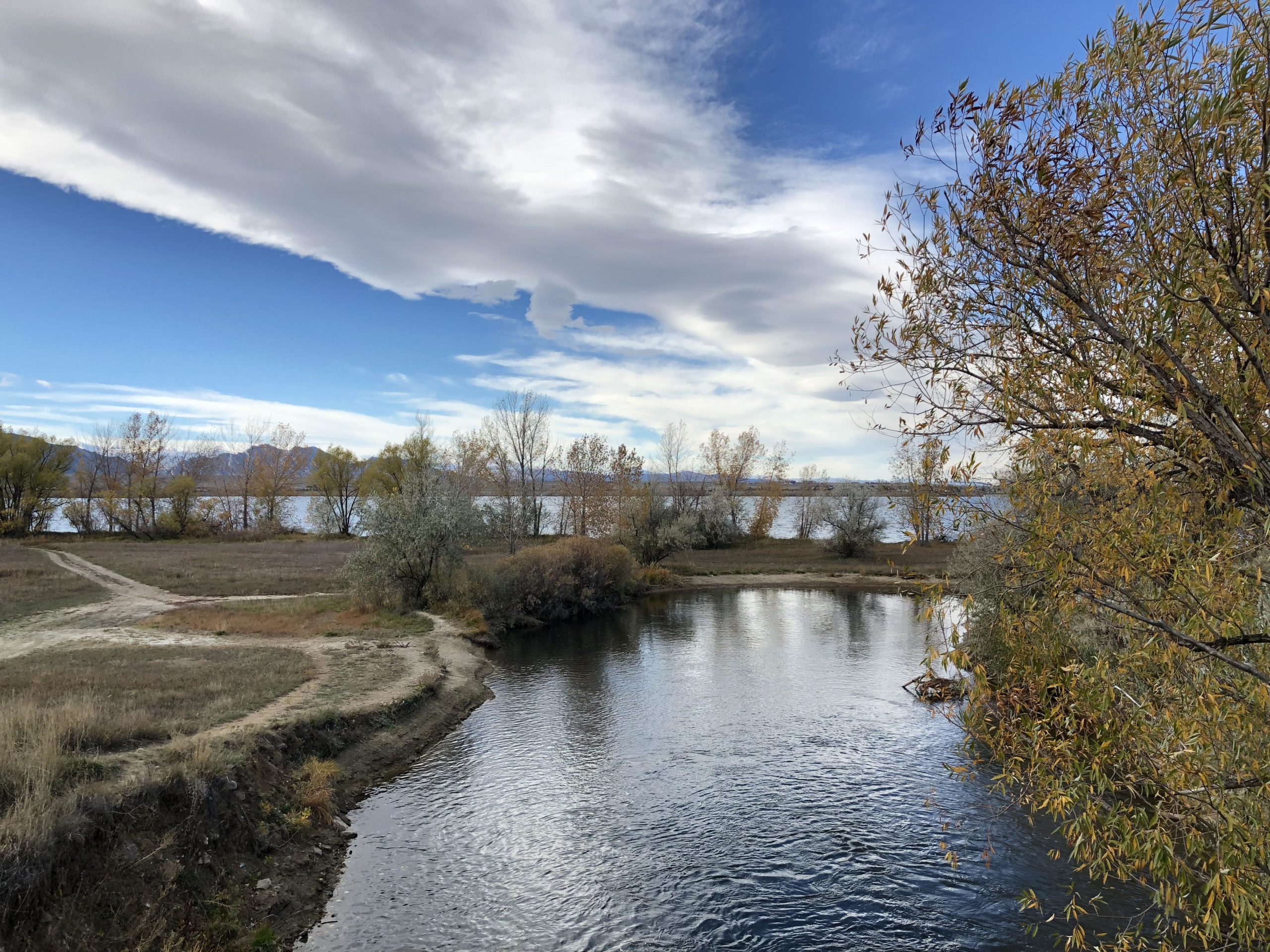 A serene landscape featuring a river winding through a grassy area, bordered by trees with autumn foliage. The sky is partly cloudy with blue patches, and distant mountains are visible along the horizon. A dirt path leads through the scene, inviting exploration of the tranquil natural surroundings. Standley Lake mountain bike trail.