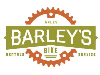 Logo for Barley's Bike, featuring the text "Barley's" in a bold font above a green banner with "Bike" in the center. Surrounding the text is a stylized gear design, with "Sales," "Rentals," and "Service" depicted on either side of the banner in smaller white text.
