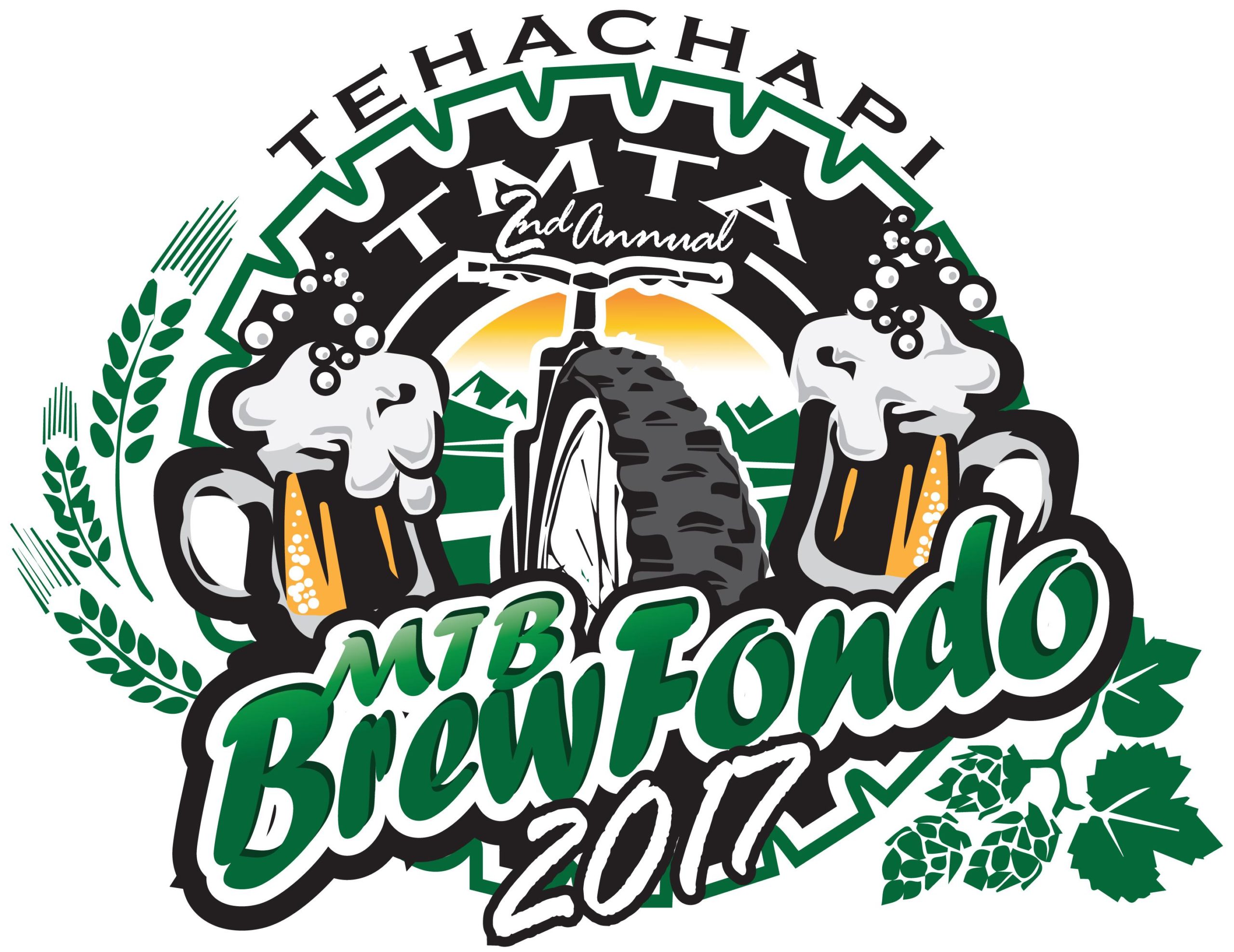 Logo for the "Tehachapi MTB BrewFondo 2017" event featuring a mountain bike tire and two beer mugs overflowing with foam. The design includes green and black colors, with wheat and hop illustrations surrounding the main elements. The text highlights the event's name and its designation as the second annual occurrence. TMTA Lehigh trails mountain bike trail.