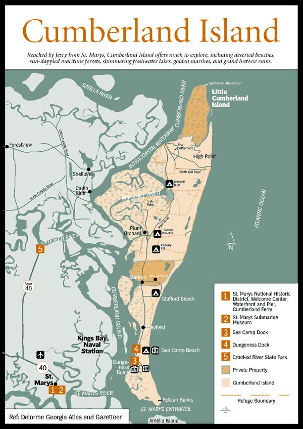 Map of Cumberland Island, highlighting geographical features, points of interest, and visitor access points. The map includes areas like St. Marys, beaches, and historic sites, as well as notable landmarks and routes. Grand Avenue mountain bike trail.