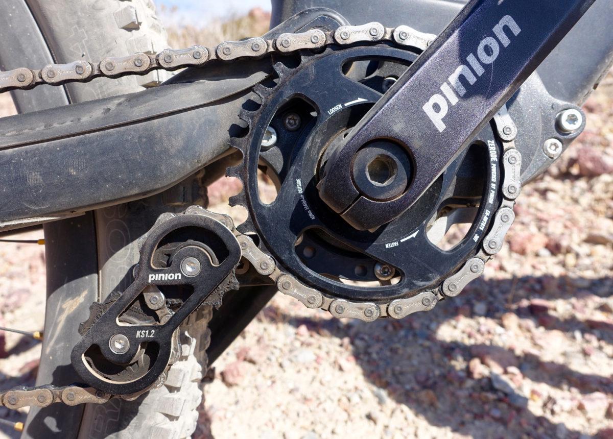 Zerode Taniwha: Close-up view of a bike's crankset and chain mechanism, featuring a black Pinion gear system. The image showcases a chain running along the gears and a drive belt, set against a rocky, outdoor background. The bike's pedal and chainring are prominently displayed, highlighting the mechanical components designed for cycling performance.