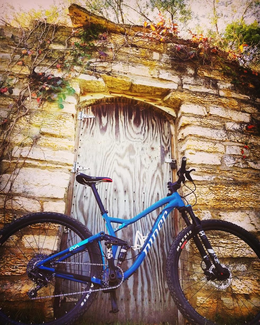 Niner Jet 9: A blue mountain bike positioned in front of a rustic stone wall with a wooden door, partially covered by climbing vines with colorful leaves. The setting suggests a serene outdoor environment, with hints of nature in the background.