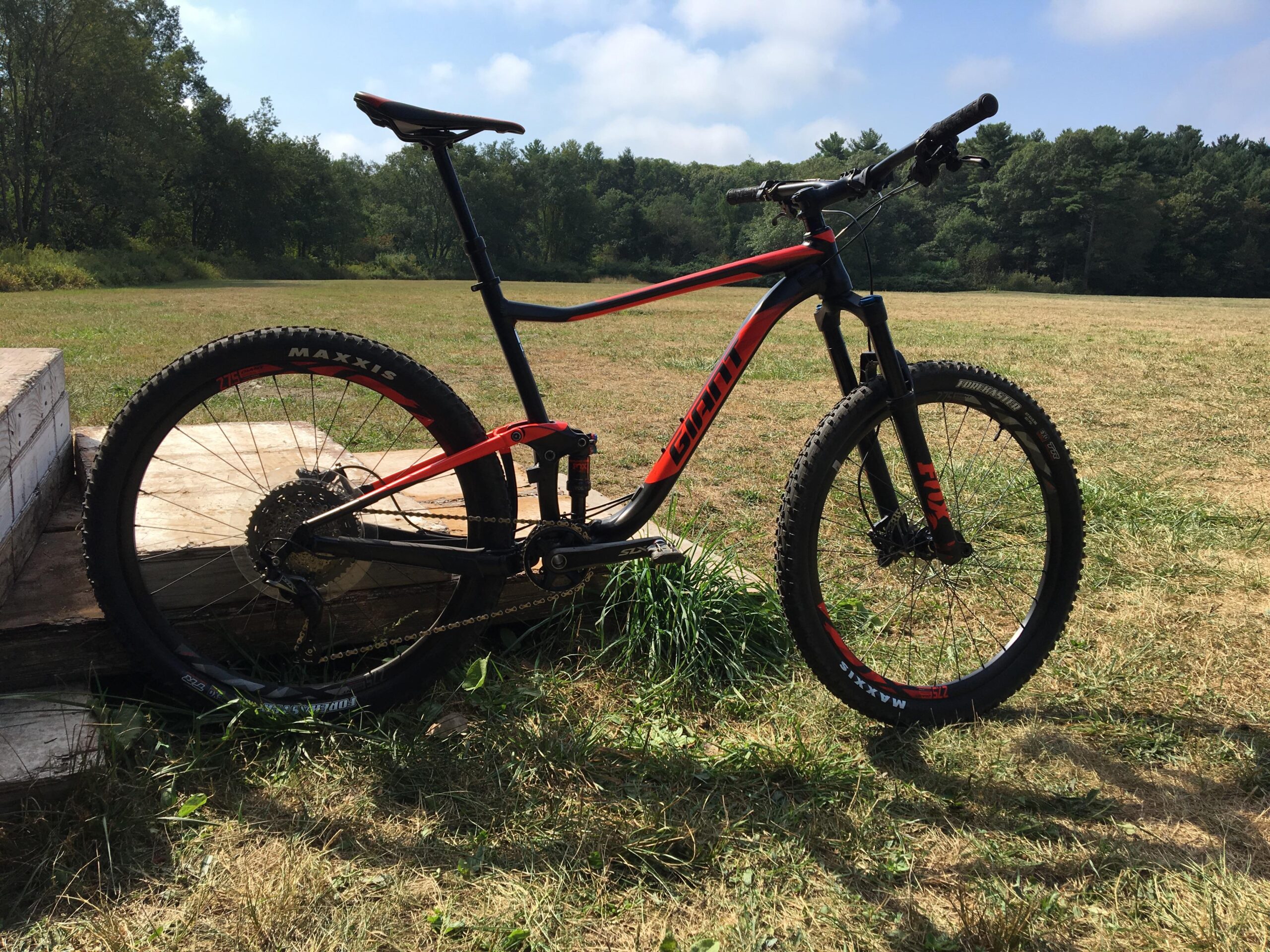 Giant Anthem 27.5 2: A black and red mountain bike leaning against a wooden platform in a grassy field, surrounded by trees under a blue sky with scattered clouds.