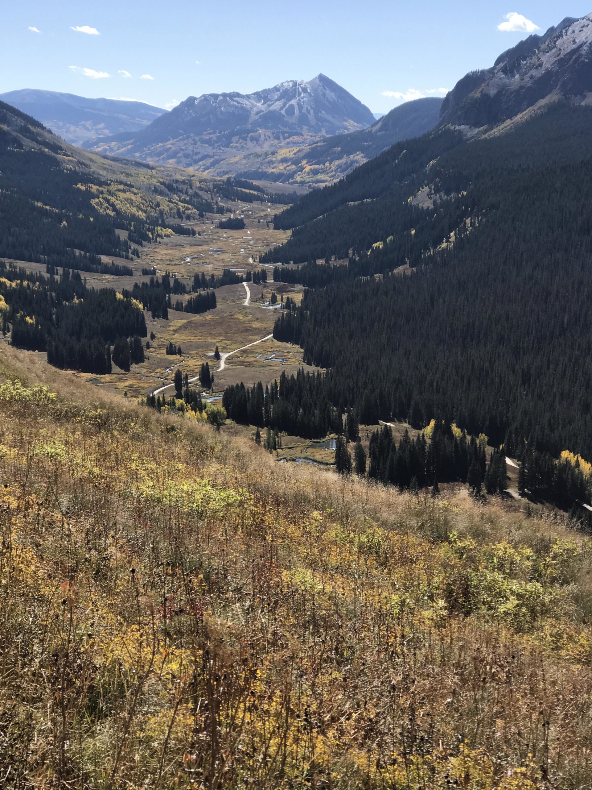 A panoramic view of a mountainous valley during autumn, featuring a winding river and colorful foliage. Snow-capped peaks rise in the distance, while lush green and golden trees line the slopes. The clear blue sky is dotted with a few white clouds, creating a serene and picturesque landscape. Trail 401 mountain bike trail.